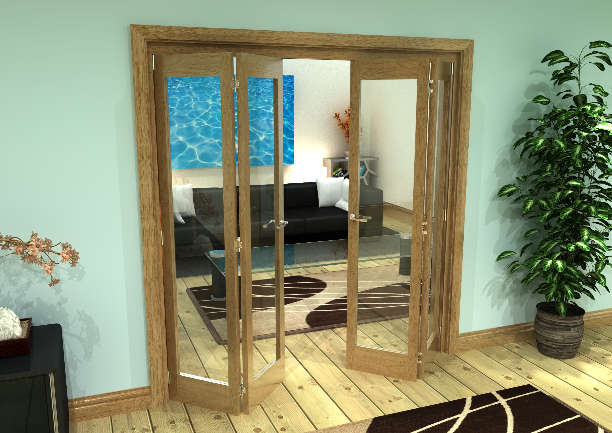 Glazed Oak Prefinished 4 Door Roomfold Grande (2 + 2 x 457mm Doors)