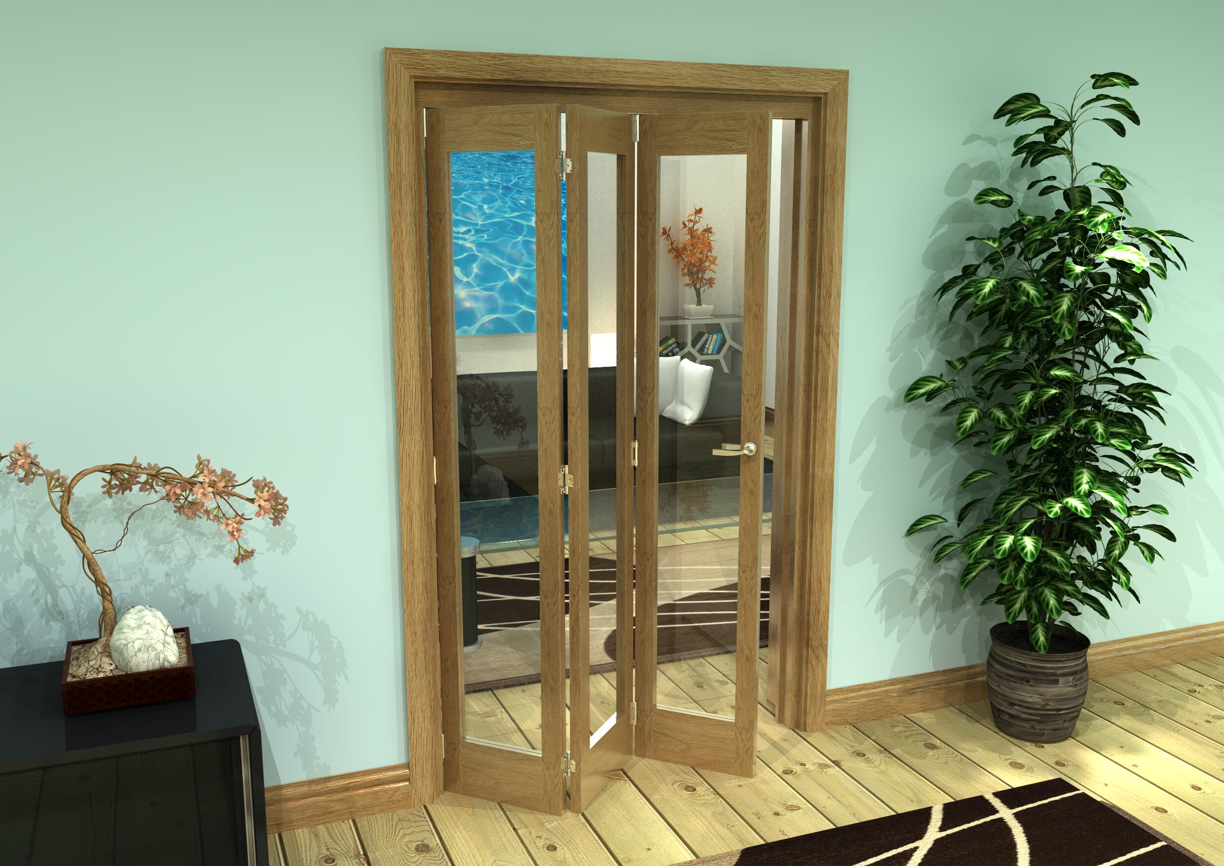 Glazed Oak Prefinished 3 Door Roomfold Grande (3 + 0 X 381mm Doors) At