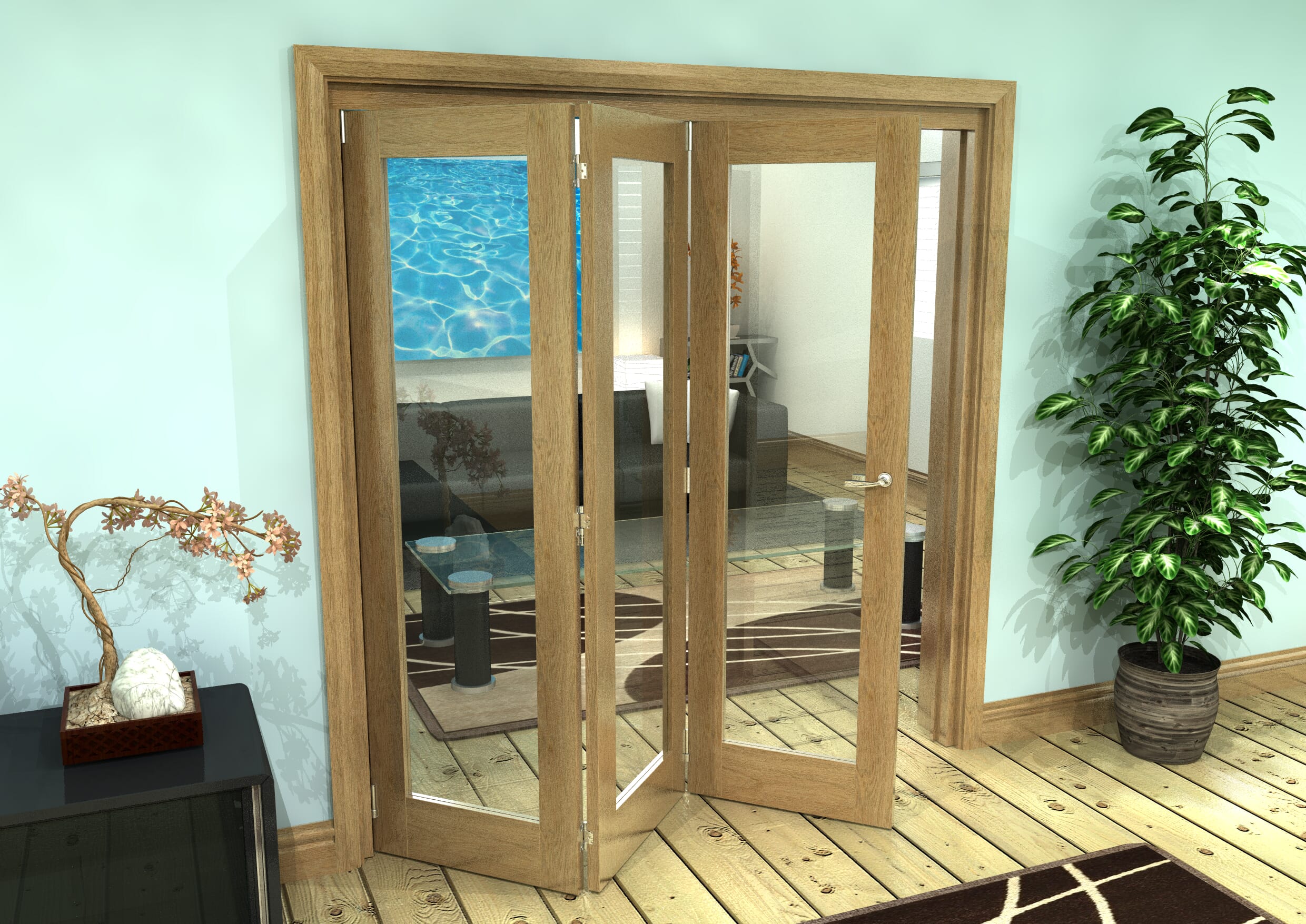 Glazed Oak Prefinished 3 Door Roomfold Grande (3 + 0 x 610mm Doors)