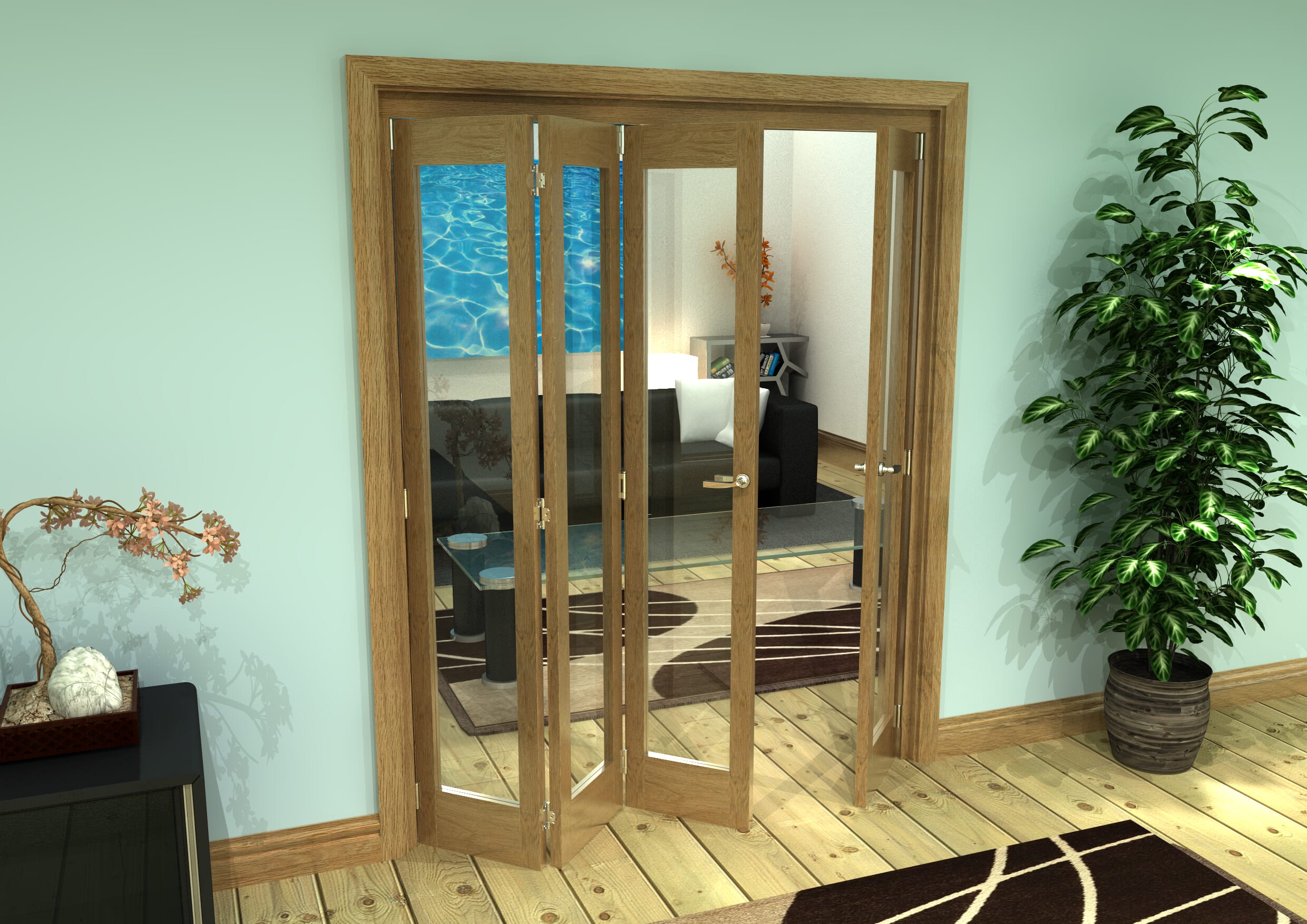 Glazed Oak Prefinished 4 Door Roomfold Grande (3 + 1 x 381mm Doors)