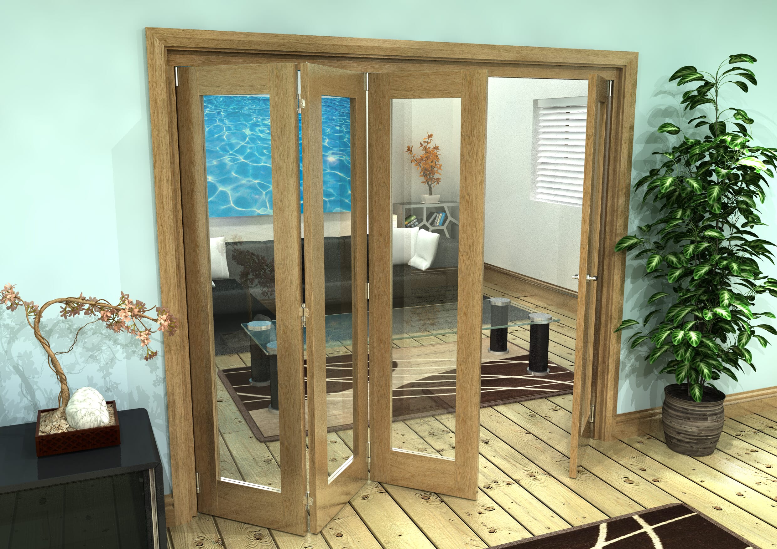 Glazed Oak Prefinished 4 Door Roomfold Grande (3 + 1 x 533mm Doors)