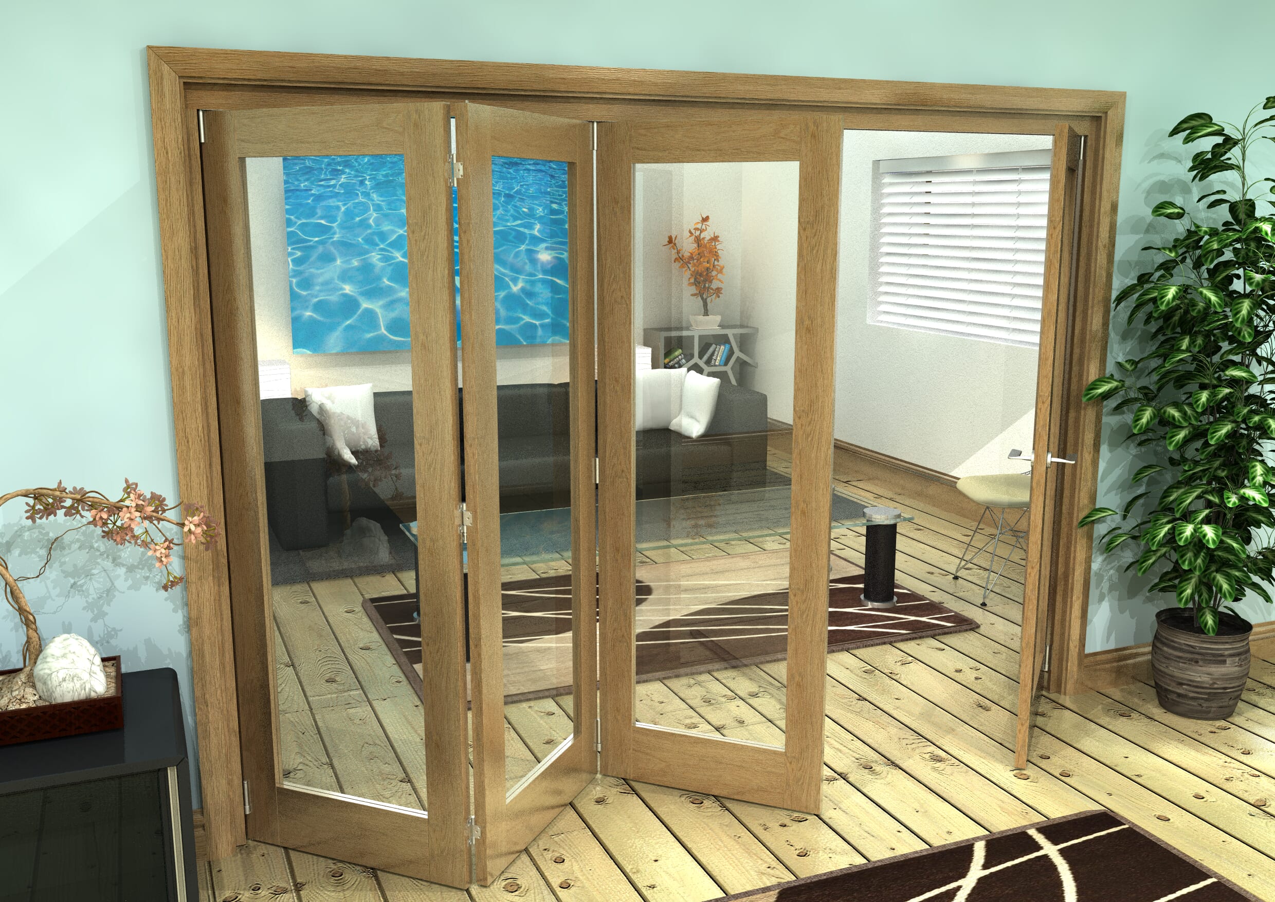 Glazed Oak Prefinished 4 Door Roomfold Grande (3 + 1 x 686mm Doors)