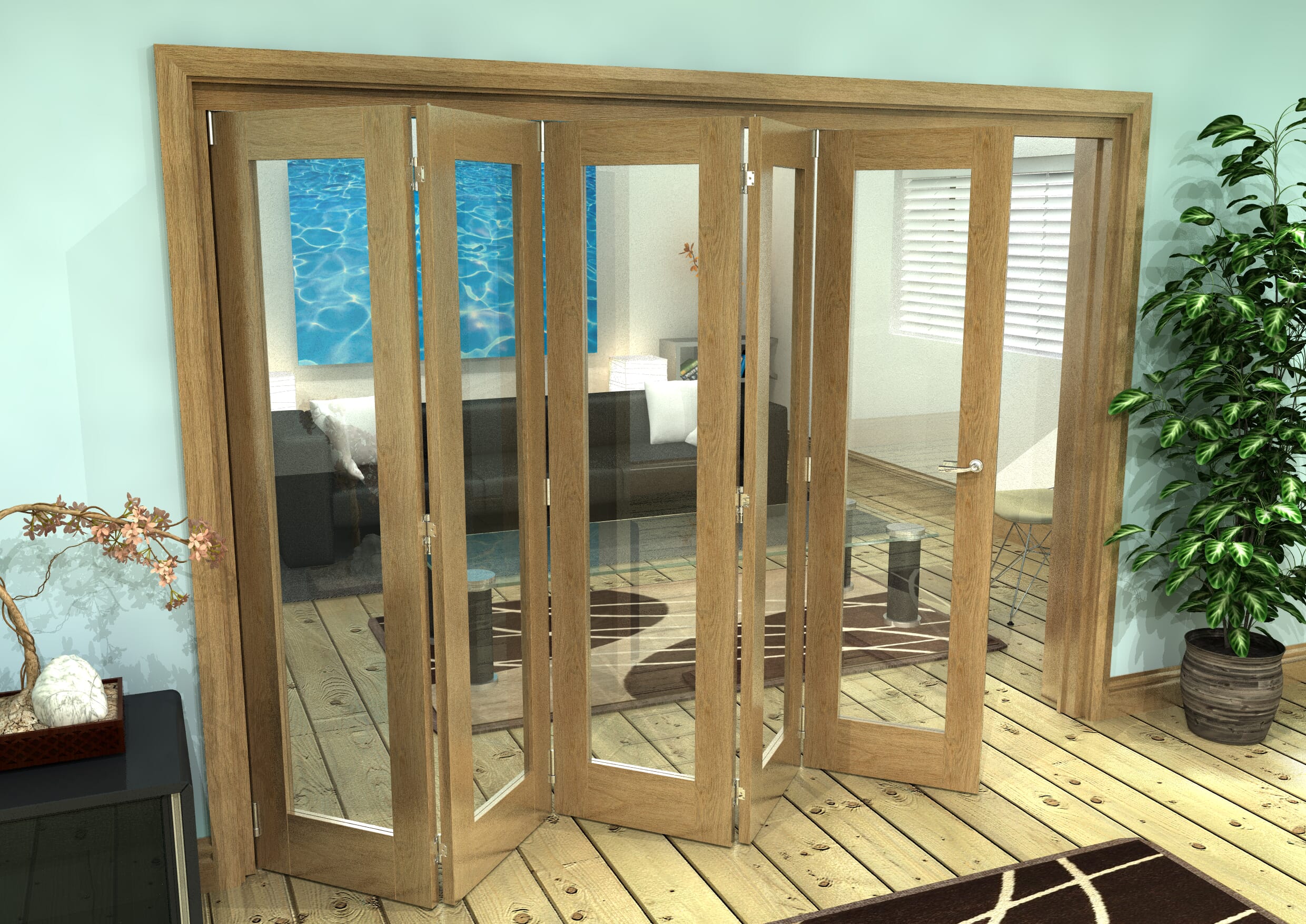 Glazed Oak Prefinished 5 Door Roomfold Grande 3000mm (10ft) 5 + 0 Set