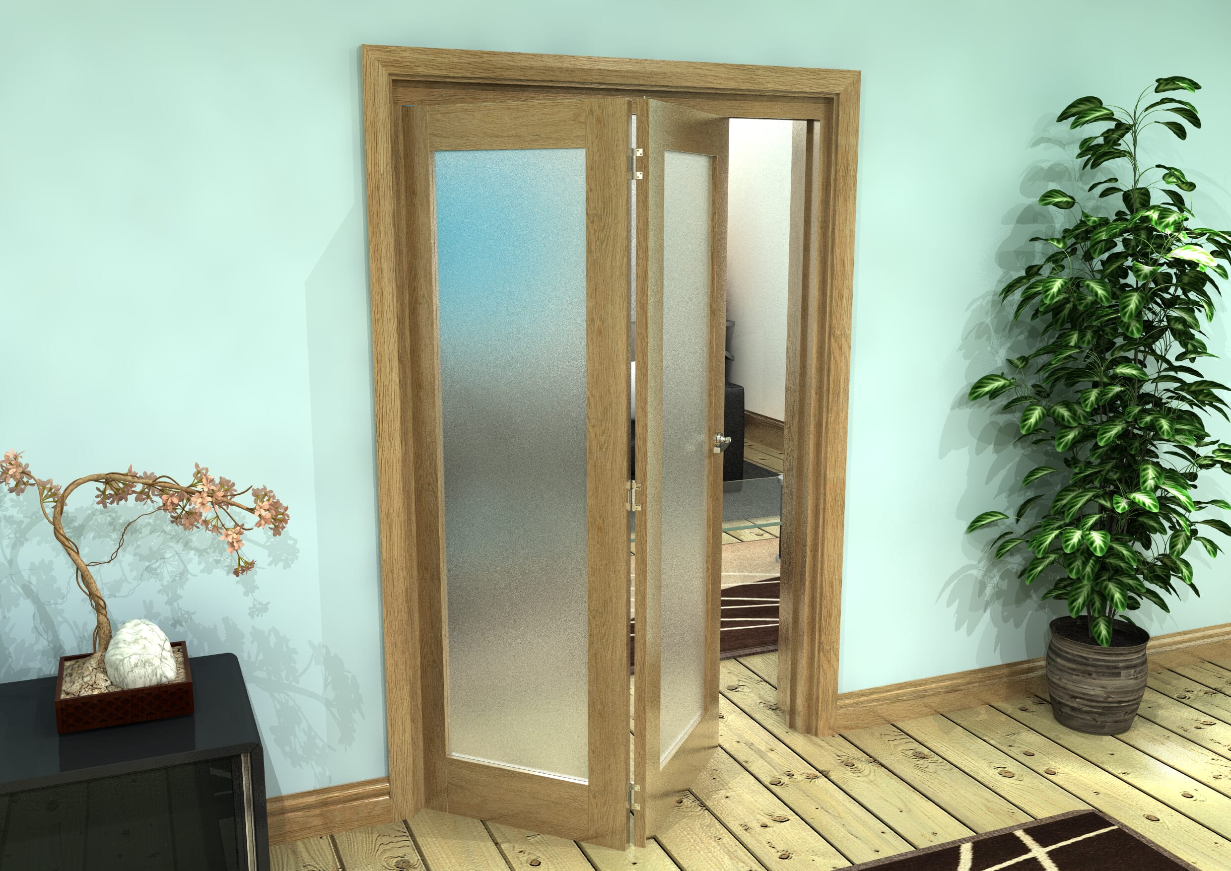 Frosted Glazed Oak Prefinished 2 Door Roomfold Grande (2 + 0 X 610mm