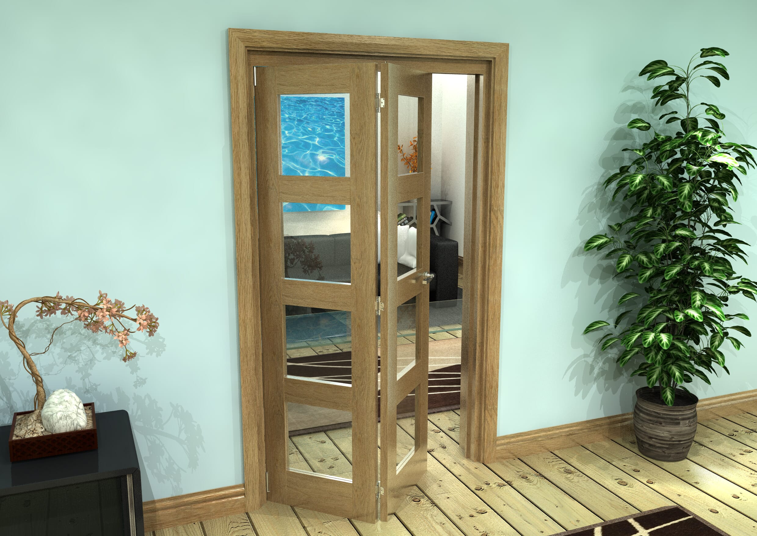 Glazed Oak Prefinished 2 Door 4L Roomfold Grande (2 + 0 x 533mm Doors)