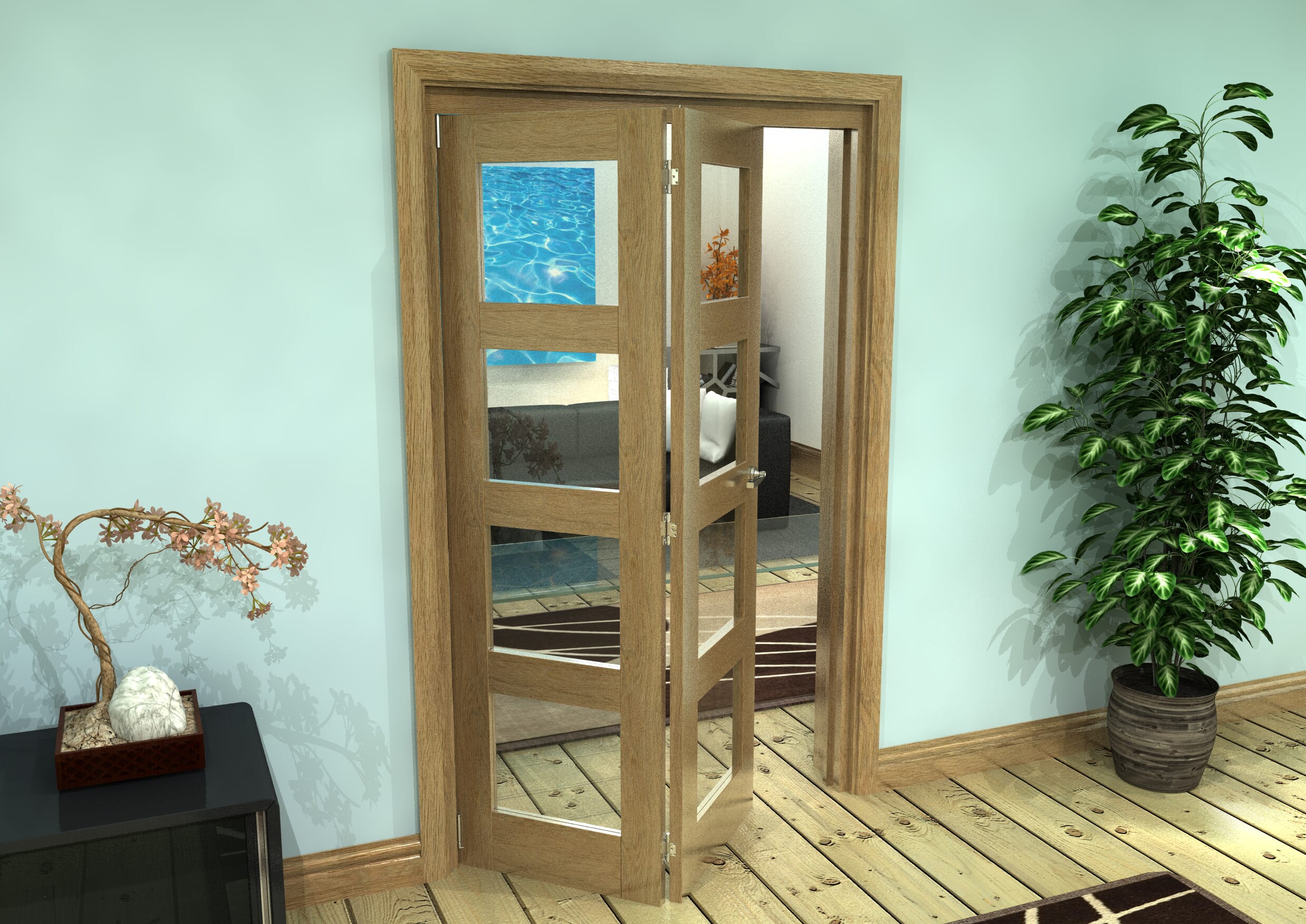 Glazed Oak Prefinished 2 Door 4L Roomfold Grande (2 + 0 x 573mm Doors)