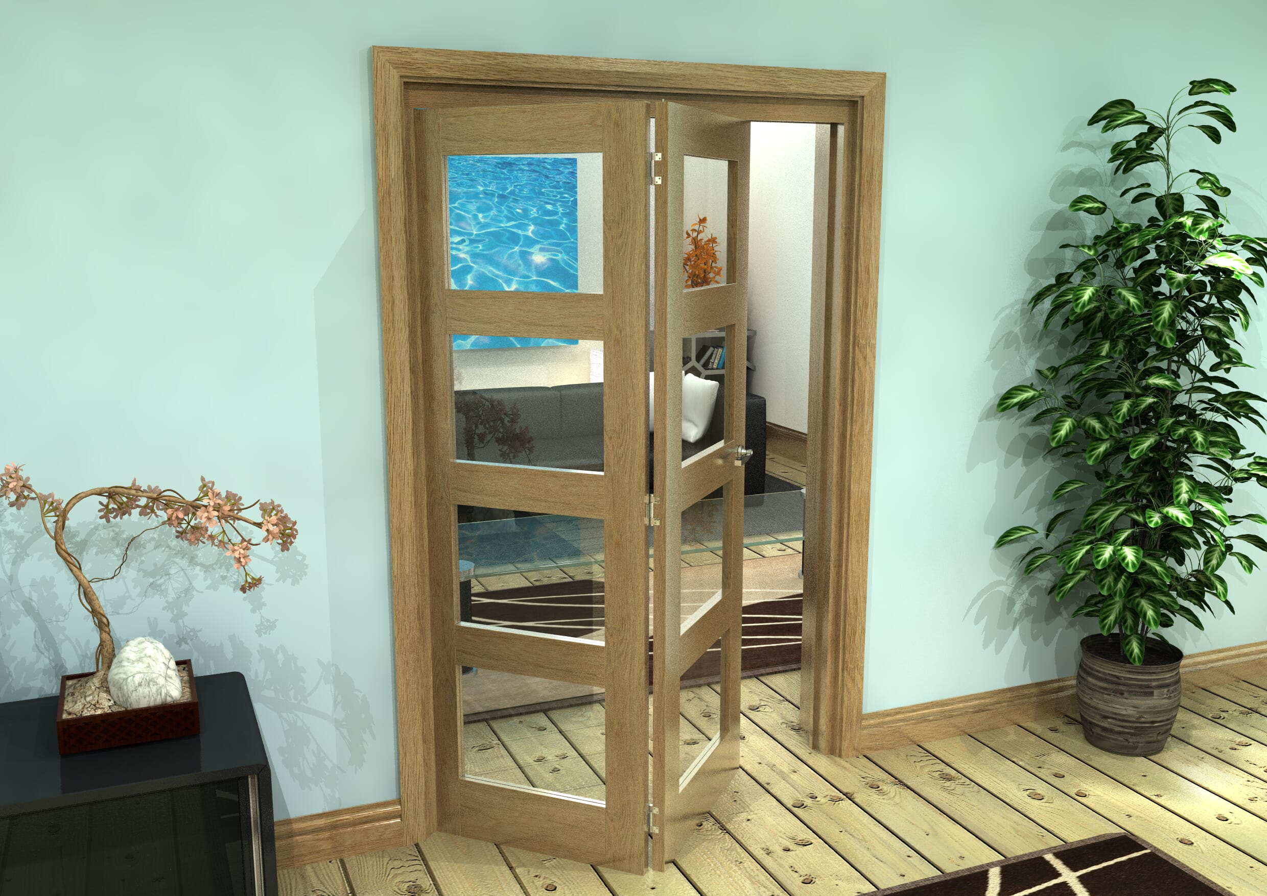 Glazed Oak Prefinished 2 Door 4L Roomfold Grande (2 + 0 x 610mm Doors)