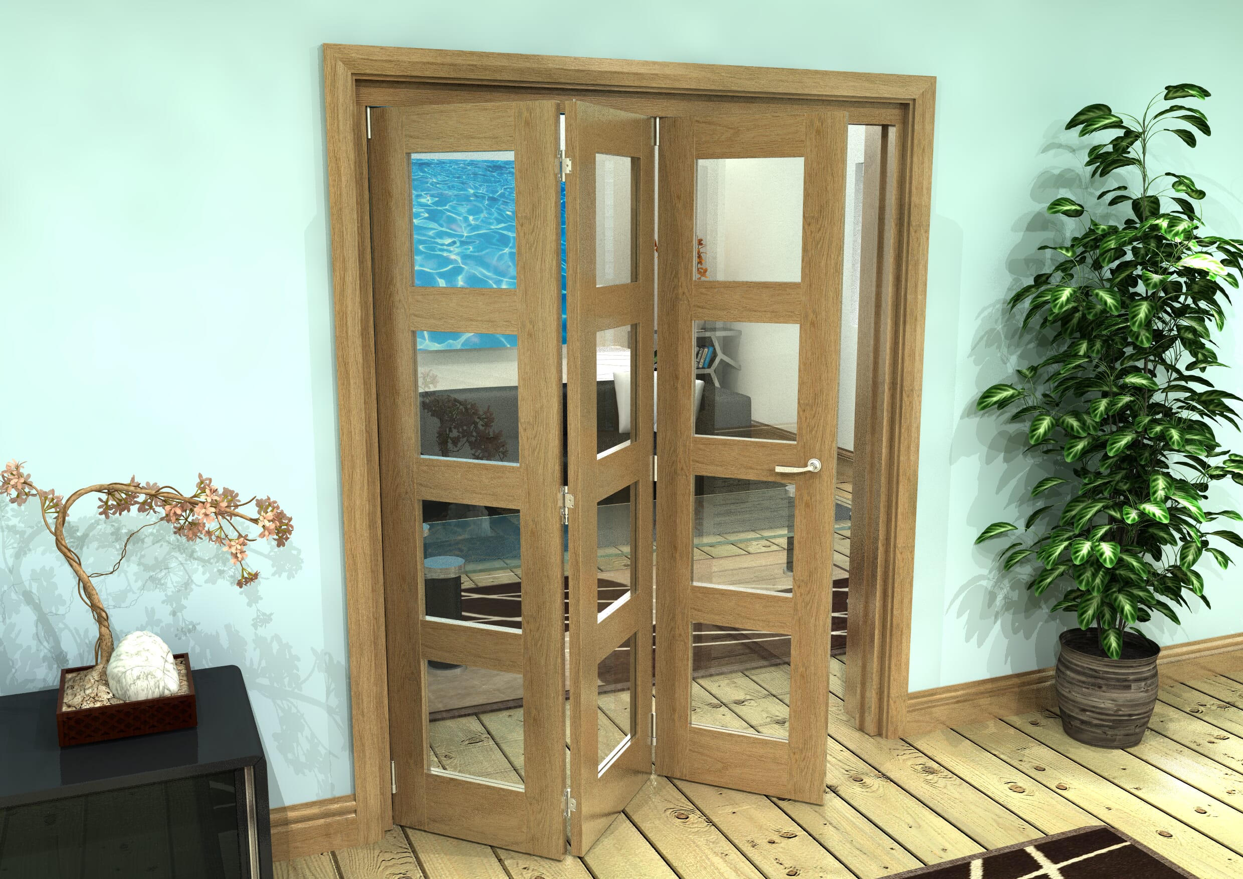 Glazed Oak Prefinished 3 Door 4L Roomfold Grande (3 + 0 x 533mm Doors)