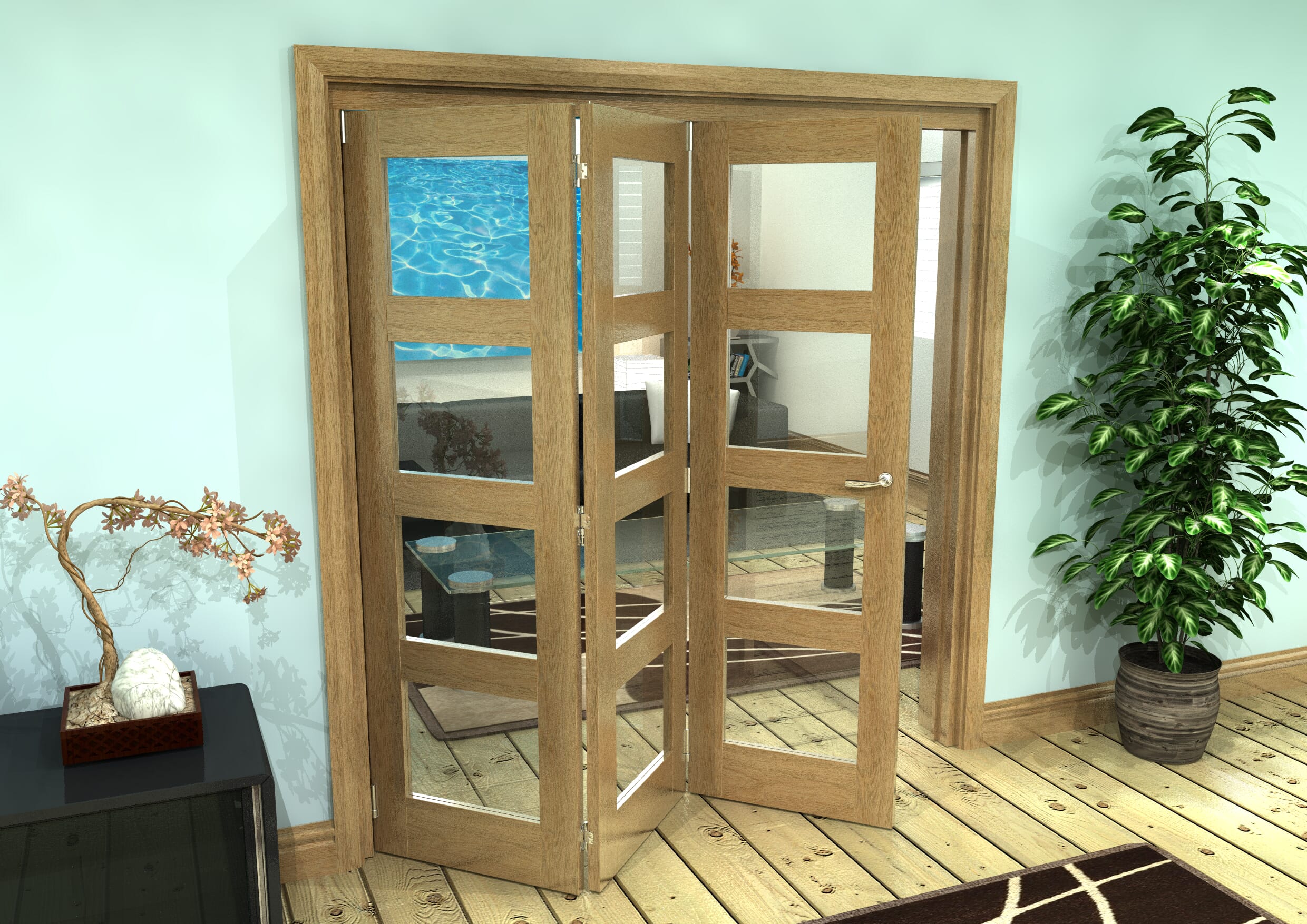Glazed Oak Prefinished 3 Door 4L Roomfold Grande (3 + 0 x 610mm Doors)