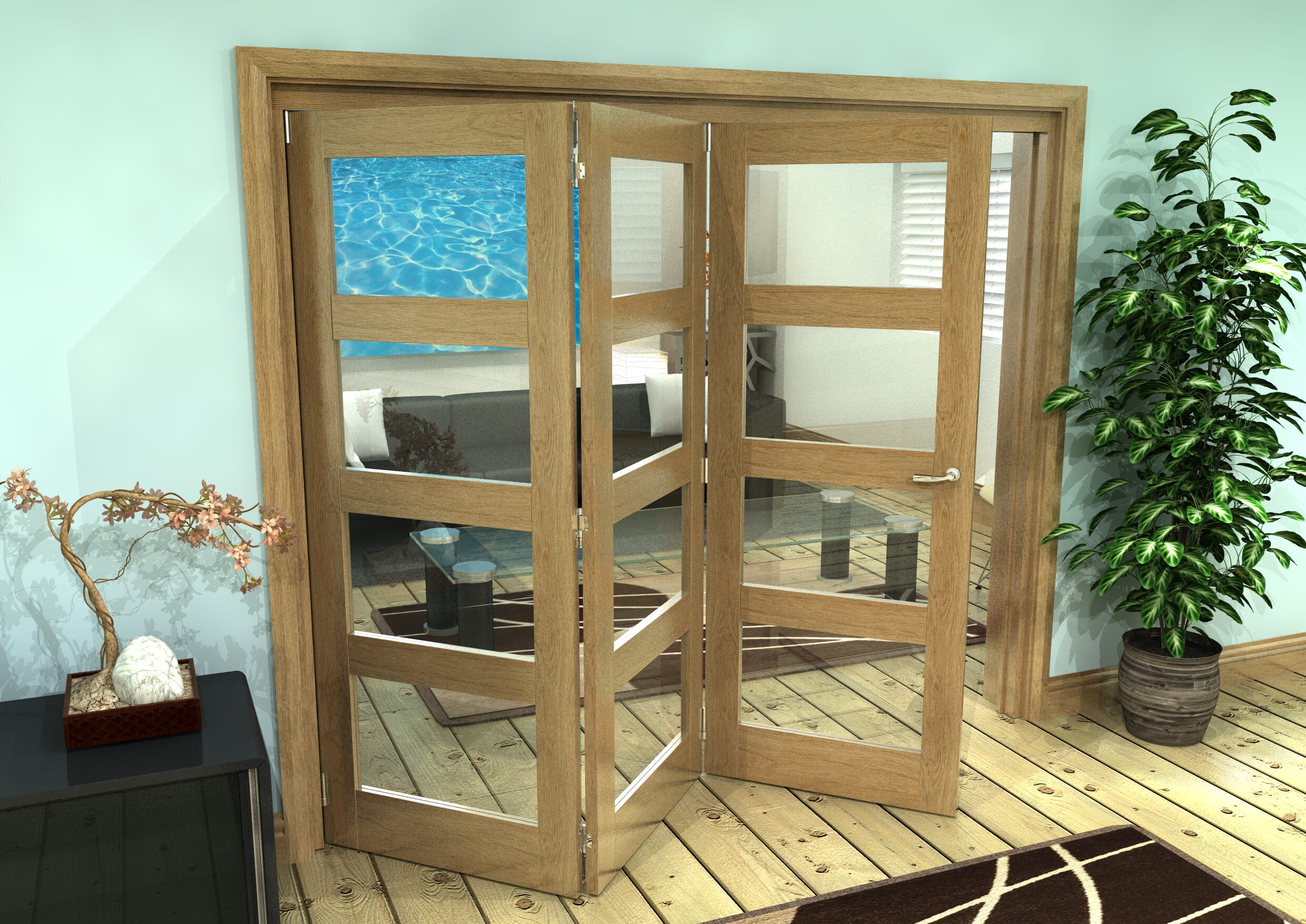 Glazed Oak Prefinished 3 Door 4L Roomfold Grande (3 + 0 x 762mm Doors)