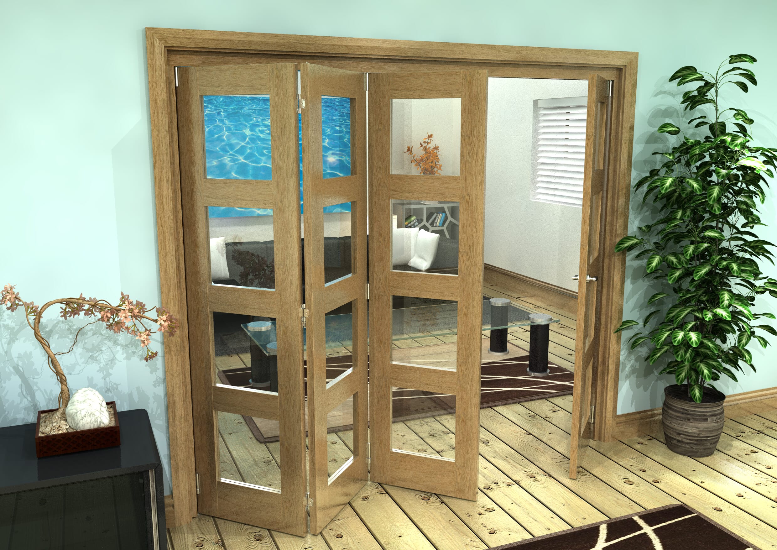 Glazed Oak Prefinished 4 Door 4L Roomfold Grande 2400mm (8ft) 3 + 1 Set