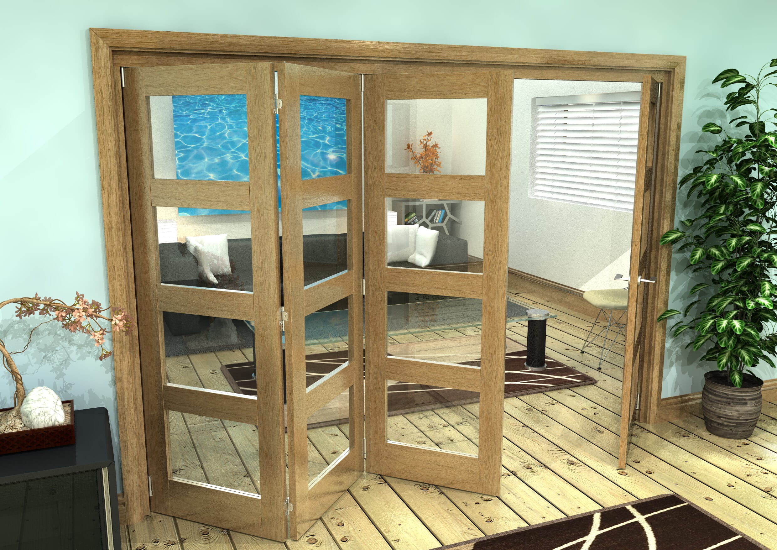 Glazed Oak Prefinished 4 Door 4L Roomfold Grande (3 + 1 x 686mm Doors)