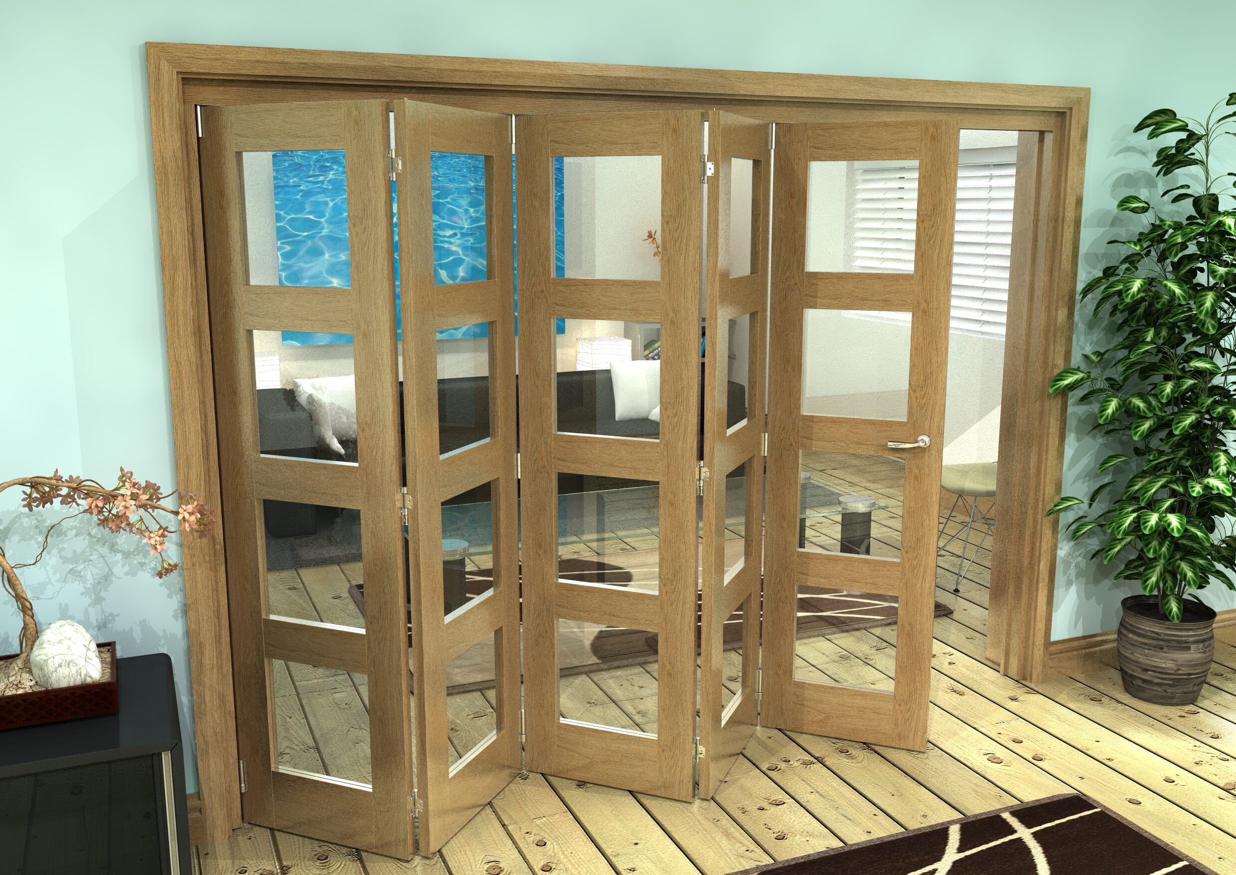 Glazed Oak Prefinished 5 Door 4L Roomfold Grande (5 + 0 x 533mm Doors)