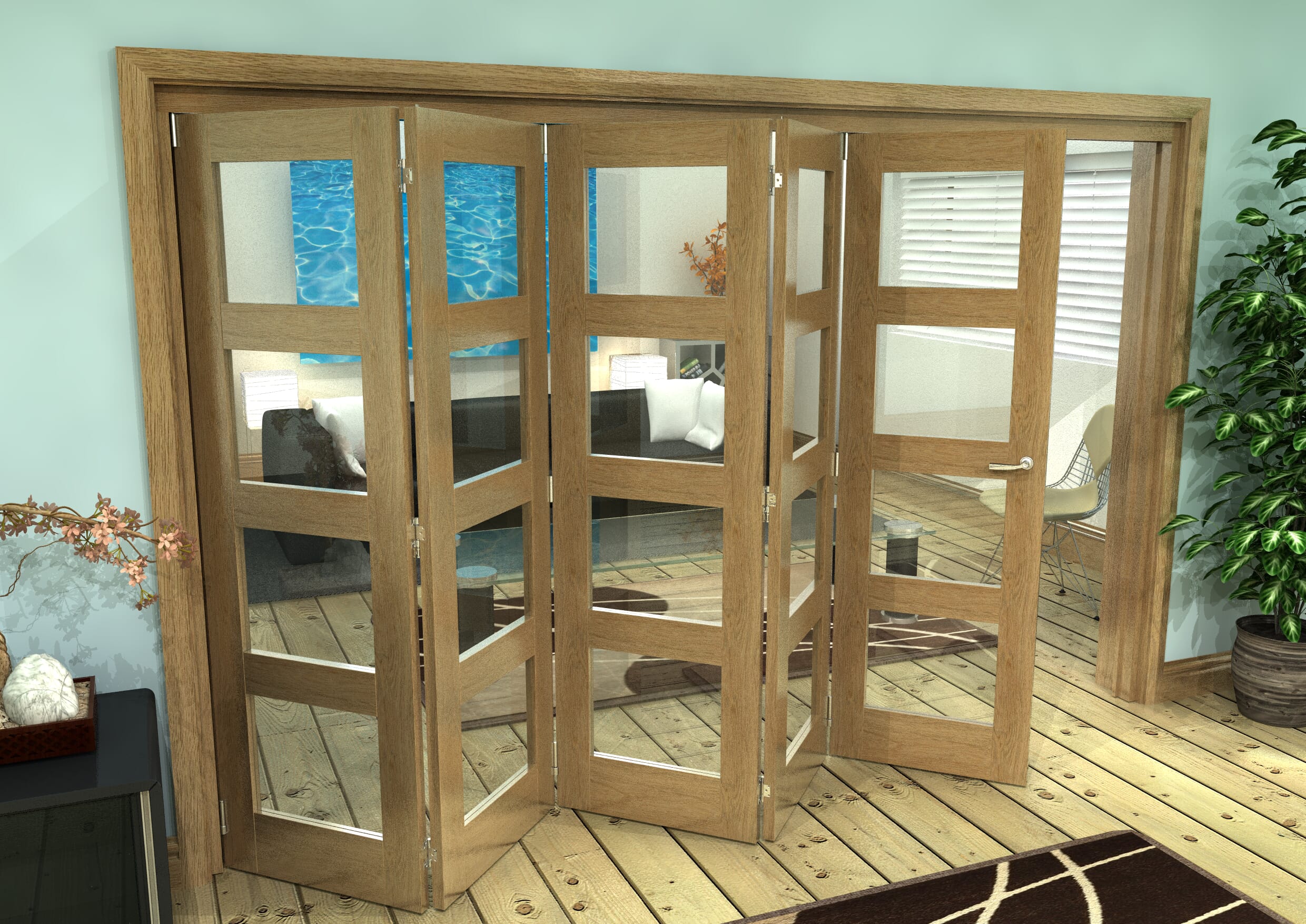 Glazed Oak Prefinished 5 Door 4L Roomfold Grande (5 + 0 x 686mm Doors)
