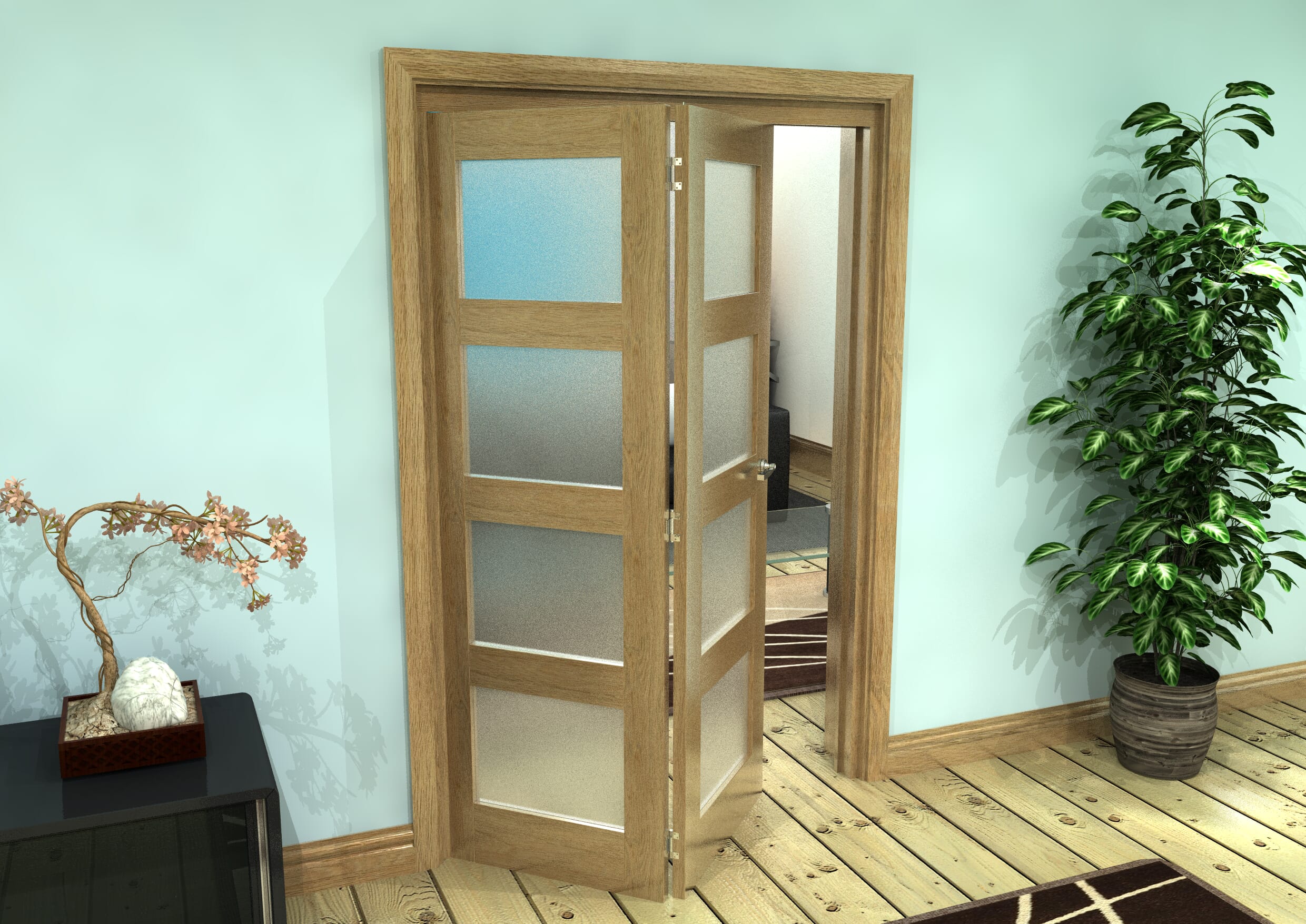 Frosted Glazed Oak Prefinished 2 Door 4L Roomfold Grande (2 + 0 x 610mm Doors)