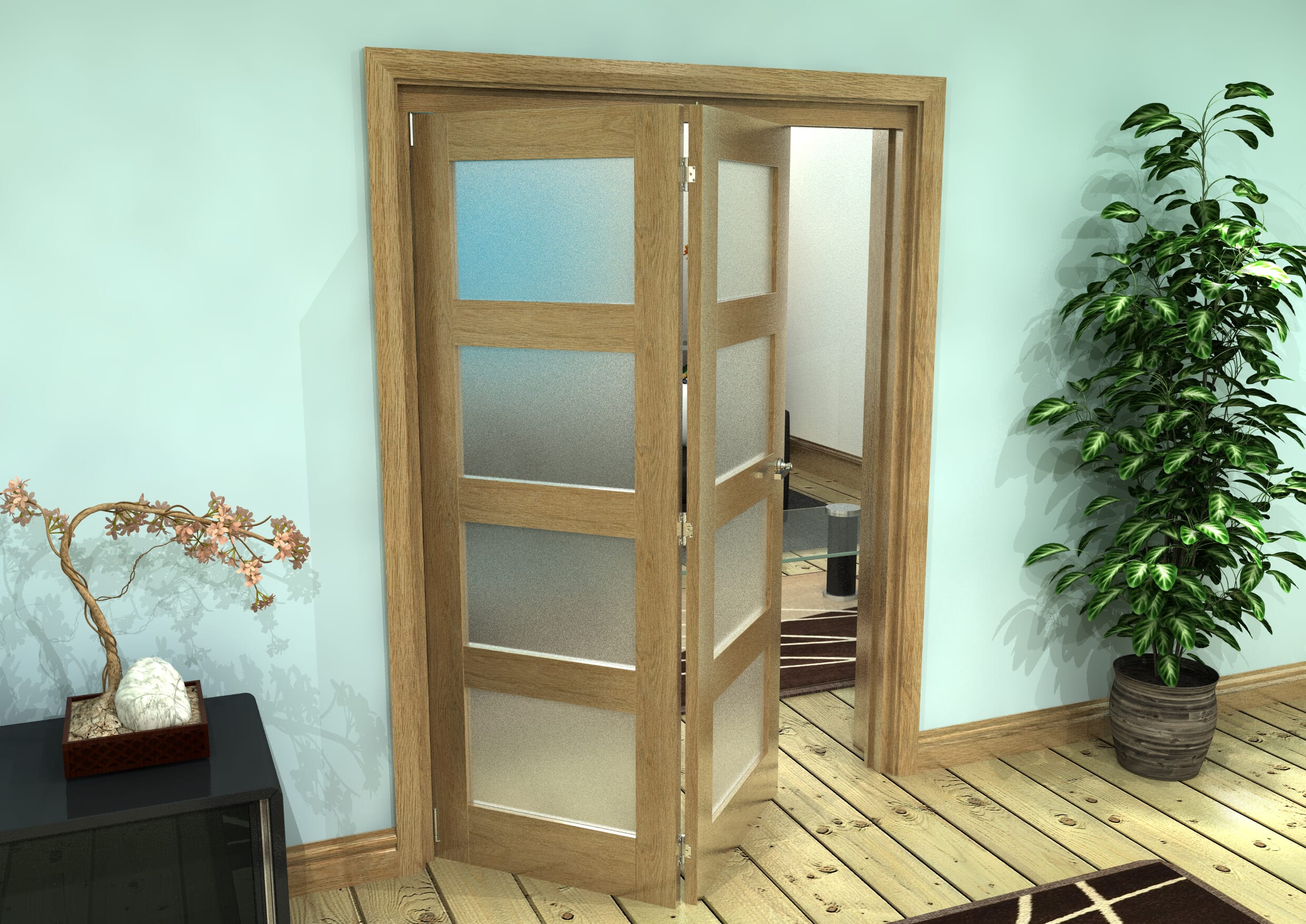 Frosted Glazed Oak Prefinished 2 Door 4L Roomfold Grande (2 + 0 x 686mm Doors)