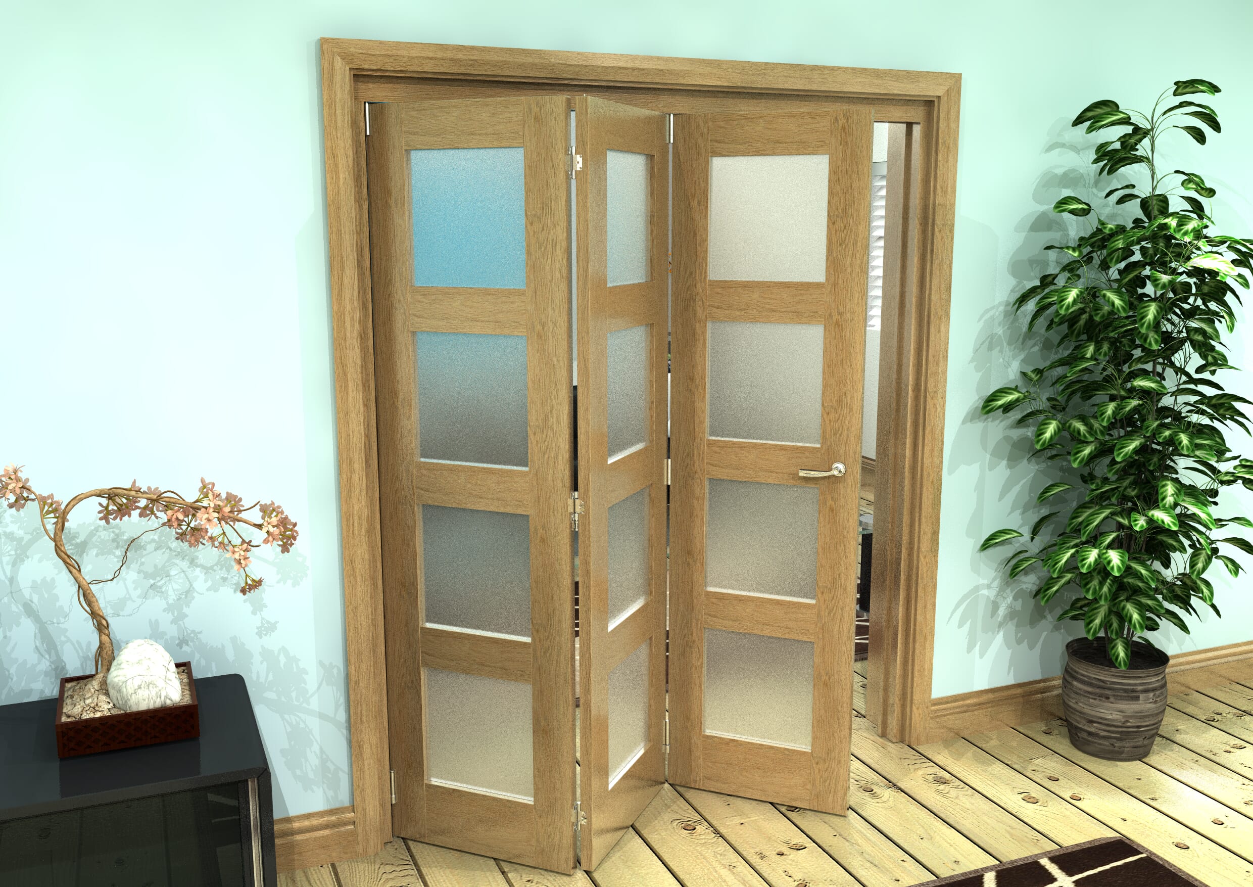 Frosted Glazed Oak Prefinished 3 Door 4L Roomfold Grande 1800mm (6ft) Set