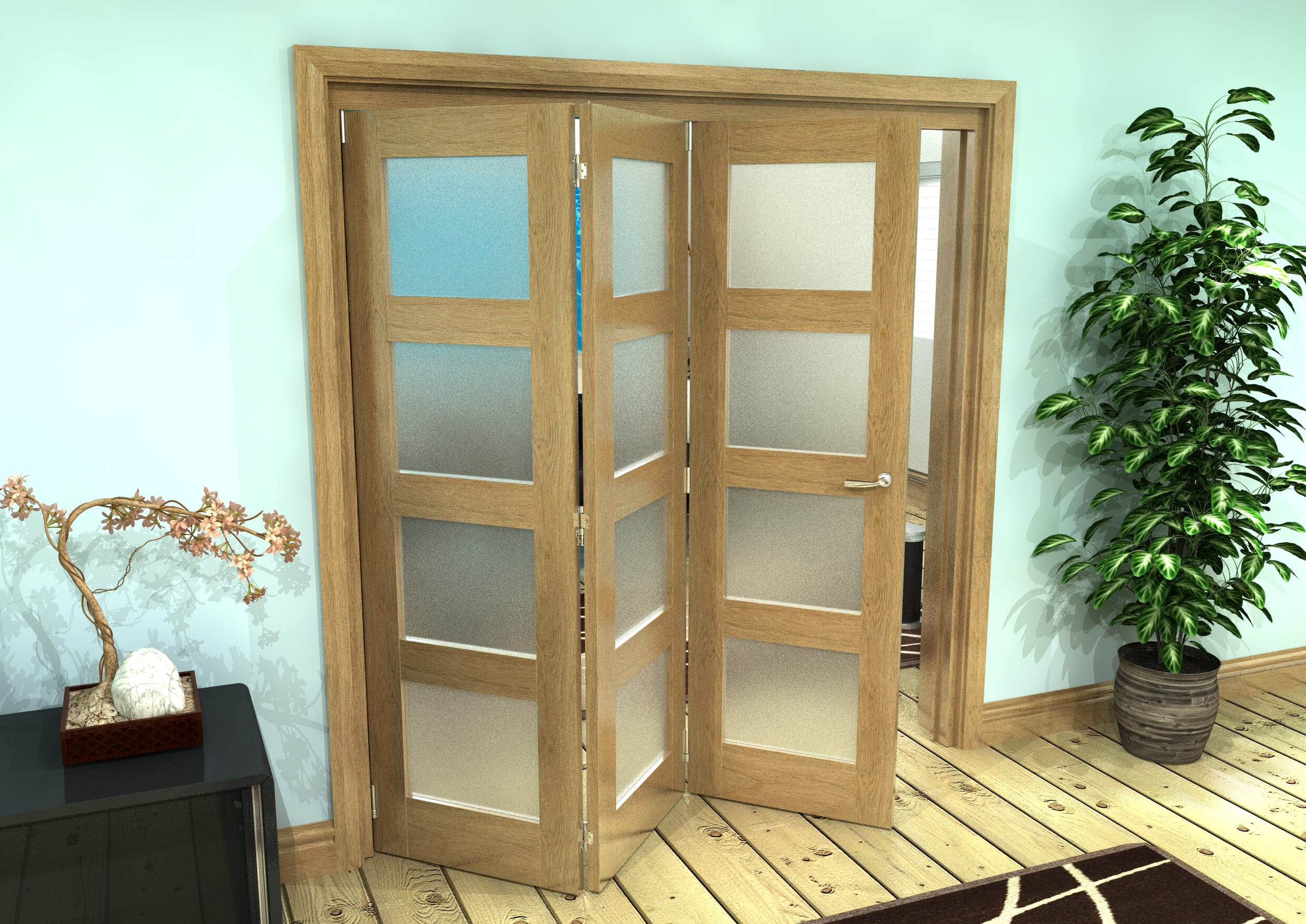 Frosted Glazed Oak Prefinished 3 Door 4L Roomfold Grande (3 + 0 x 610mm Doors)