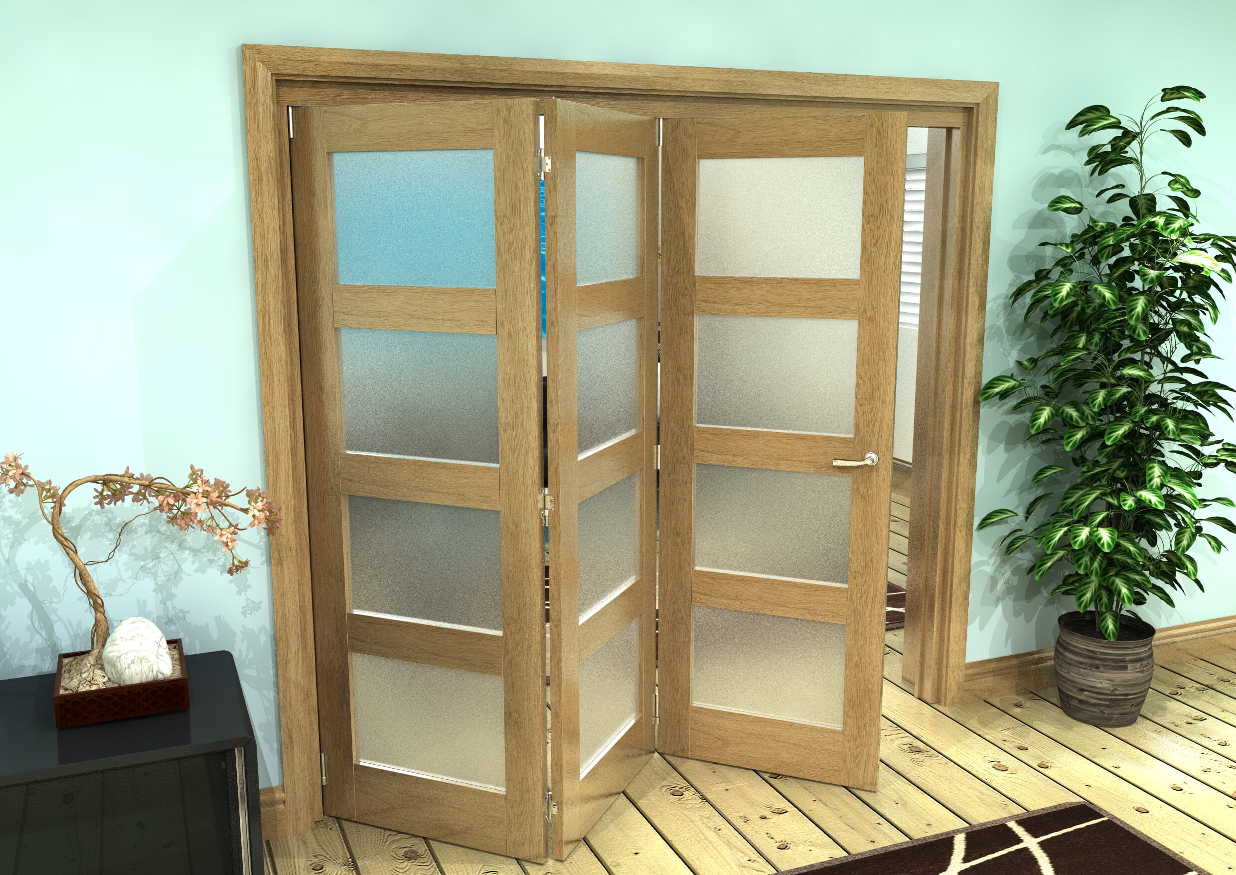 Frosted Glazed Oak Prefinished 3 Door 4L Roomfold Grande (3 + 0 x 686mm Doors)