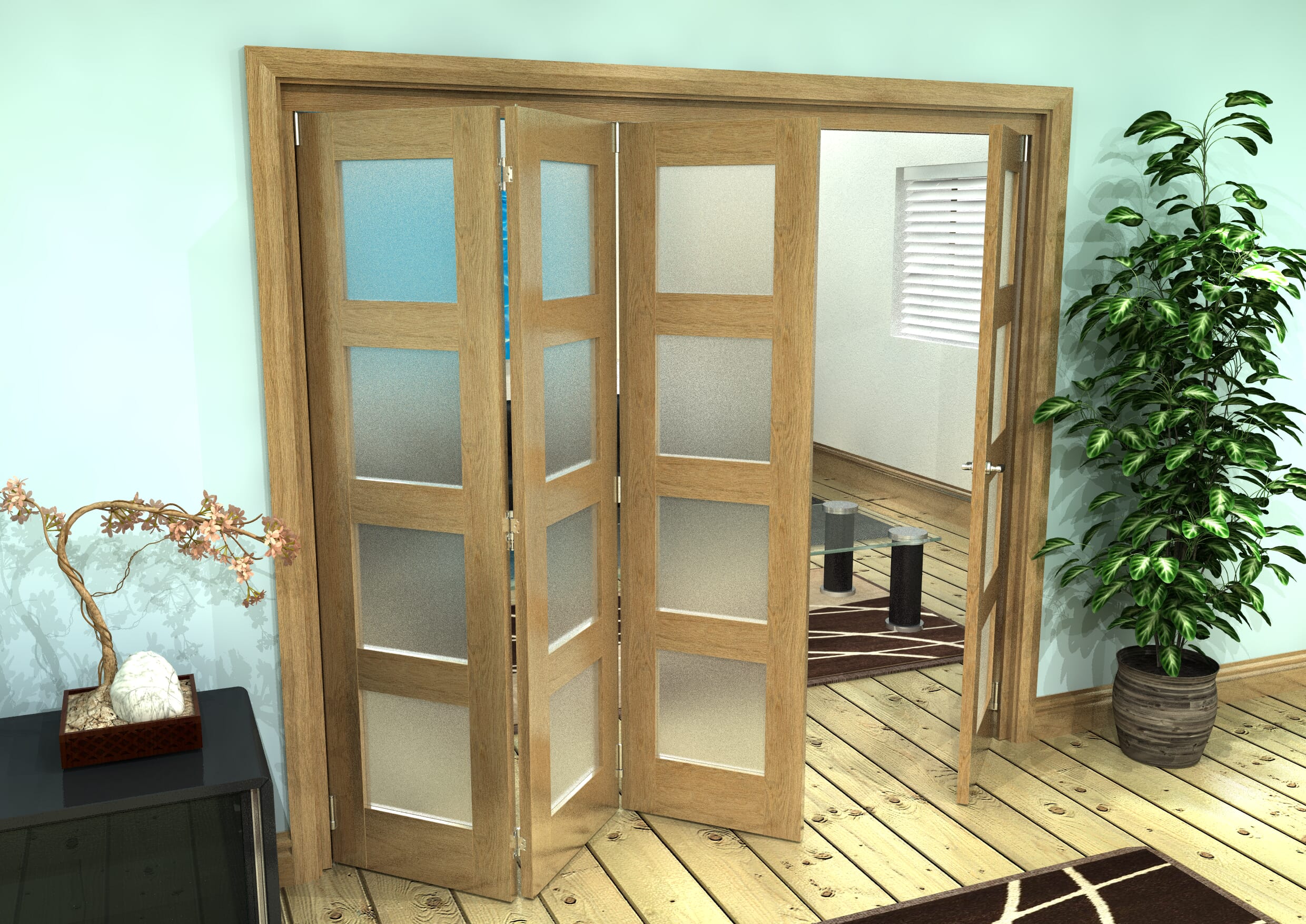 Frosted Glazed Oak Prefinished 4 Door 4L Roomfold Grande (3 + 1 x 533mm Doors)