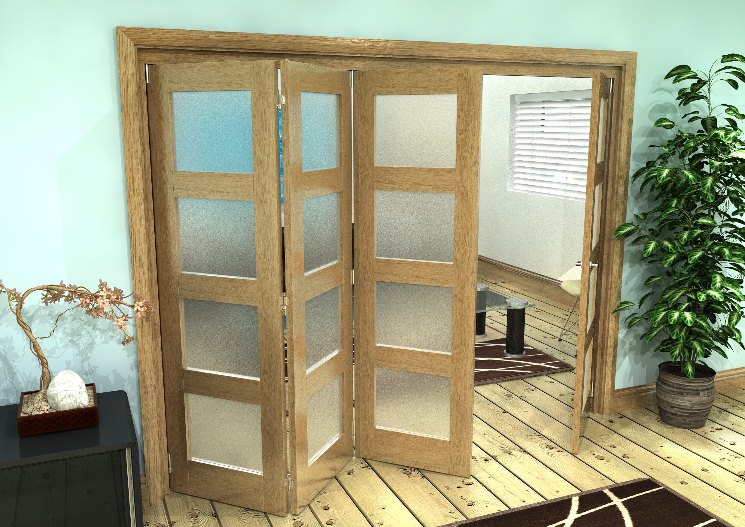 Frosted Glazed Oak Prefinished 4 Door 4L Roomfold Grande (3 + 1 x 610mm Doors)