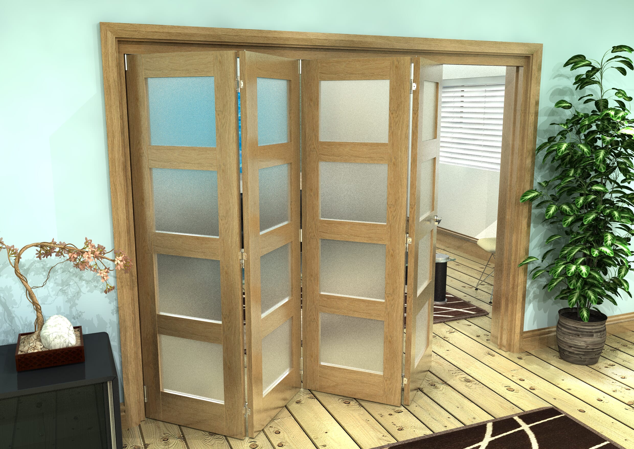 Frosted Glazed Oak Prefinished 4 Door 4L Roomfold Grande (4 + 0 x 610mm Doors)