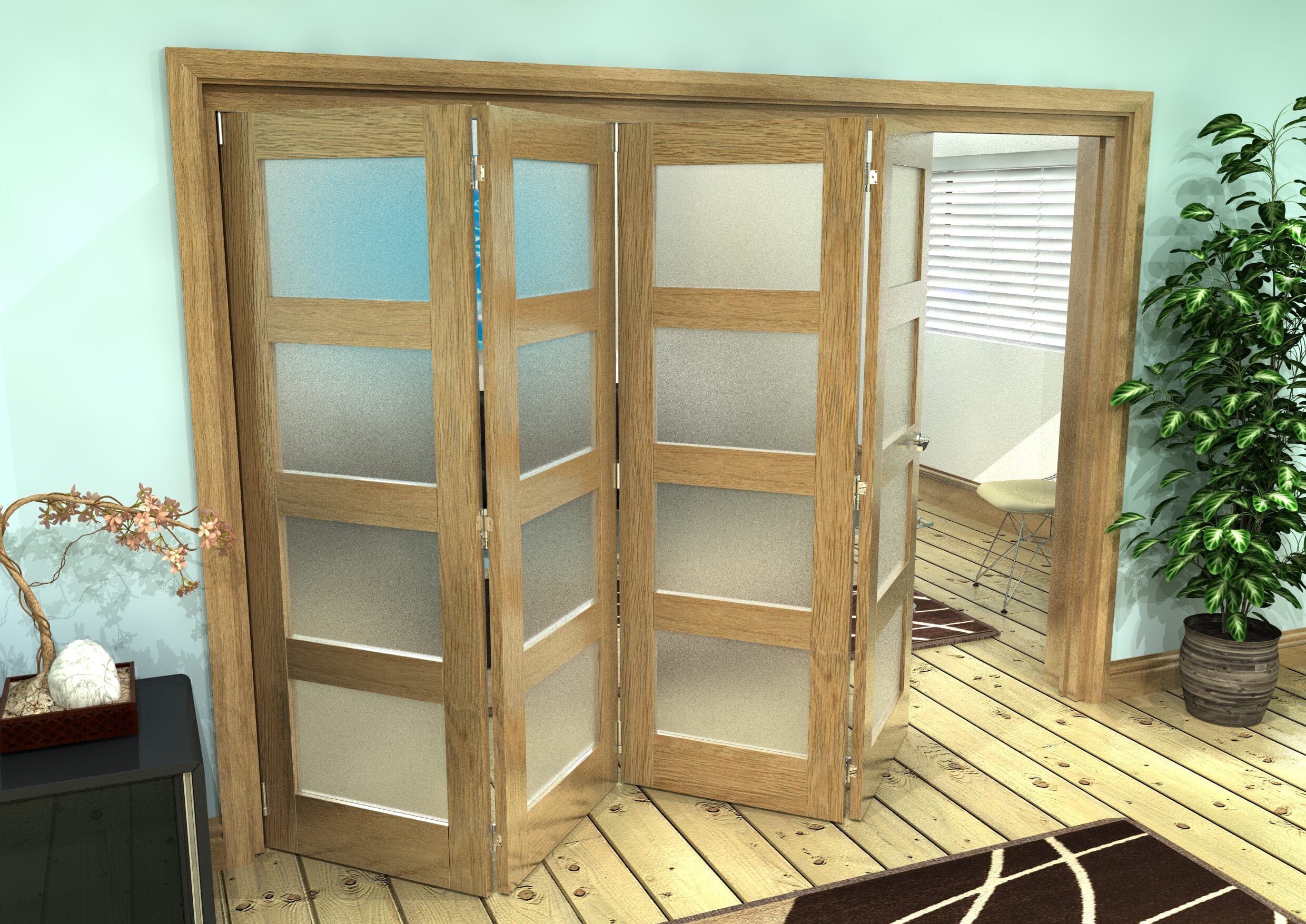 Frosted Glazed Oak Prefinished 4 Door 4L Roomfold Grande (4 + 0 x 686mm Doors)