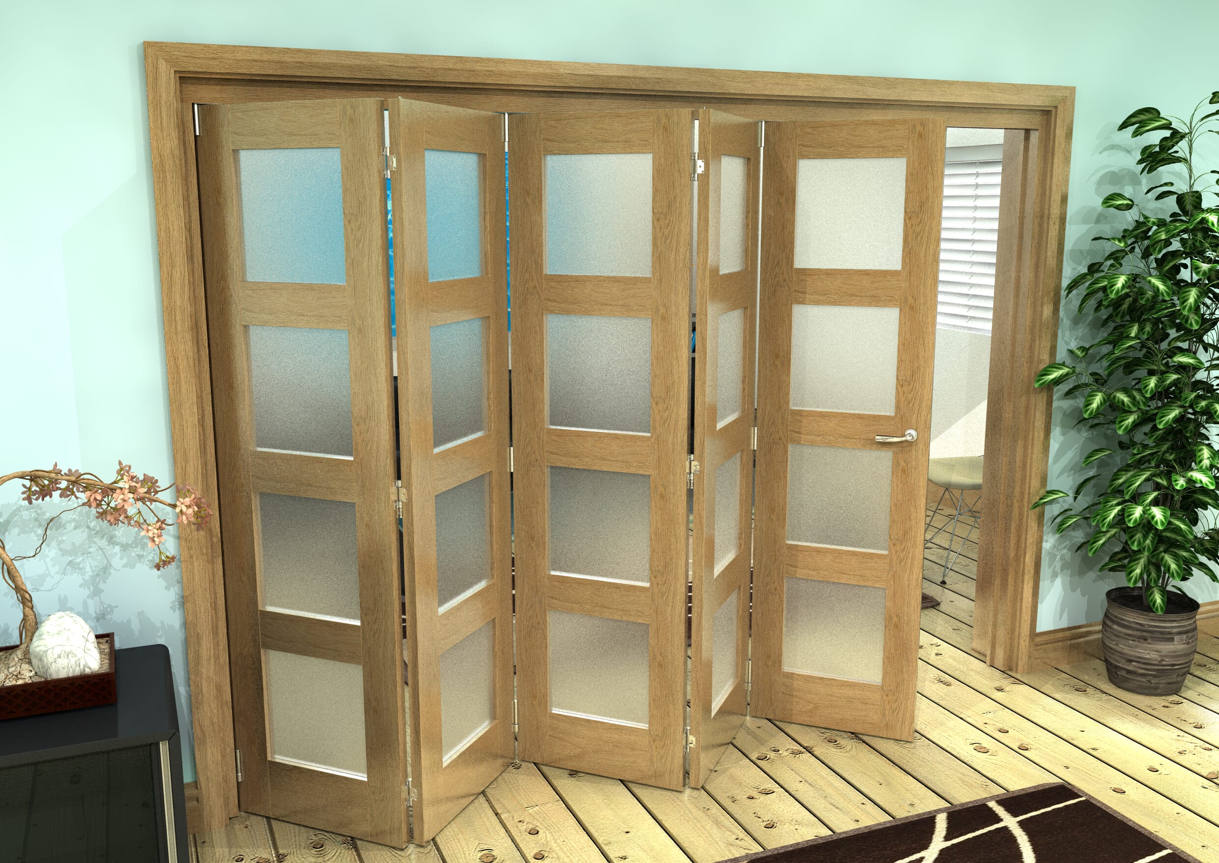 Frosted Glazed Oak Prefinished 5 Door 4L Roomfold Grande (5 + 0 x 533mm Doors)