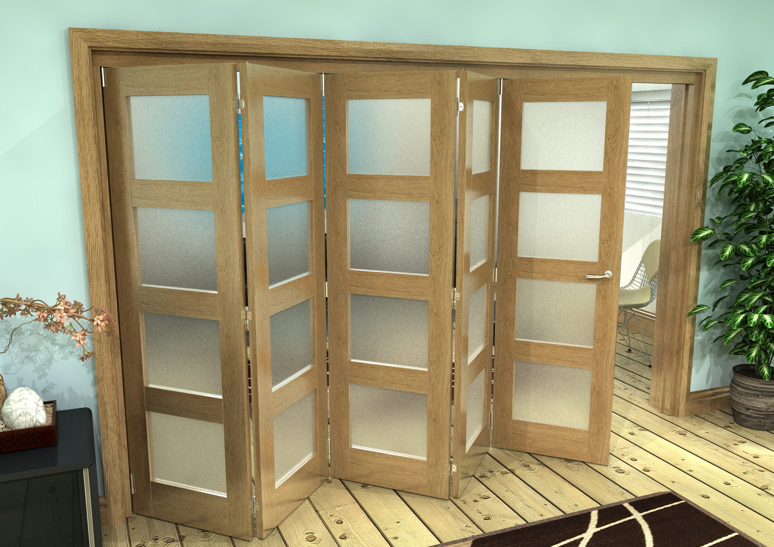 Frosted Glazed Oak Prefinished 5 Door 4L Roomfold Grande (5 + 0 x 686mm Doors)