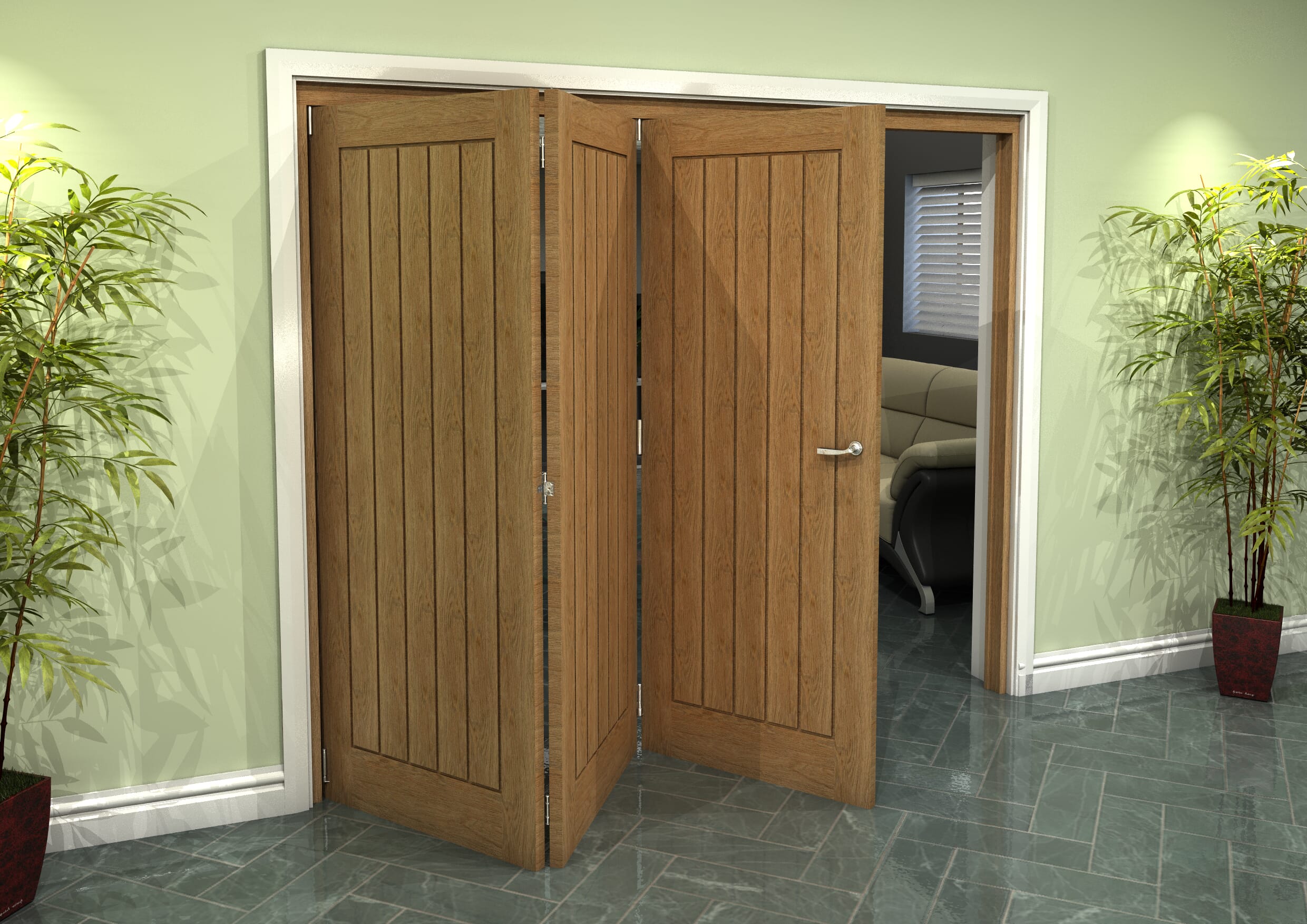 Prefinished Mexicano Oak 3 Door Roomfold Grande (3 + 0 x 762mm Doors)