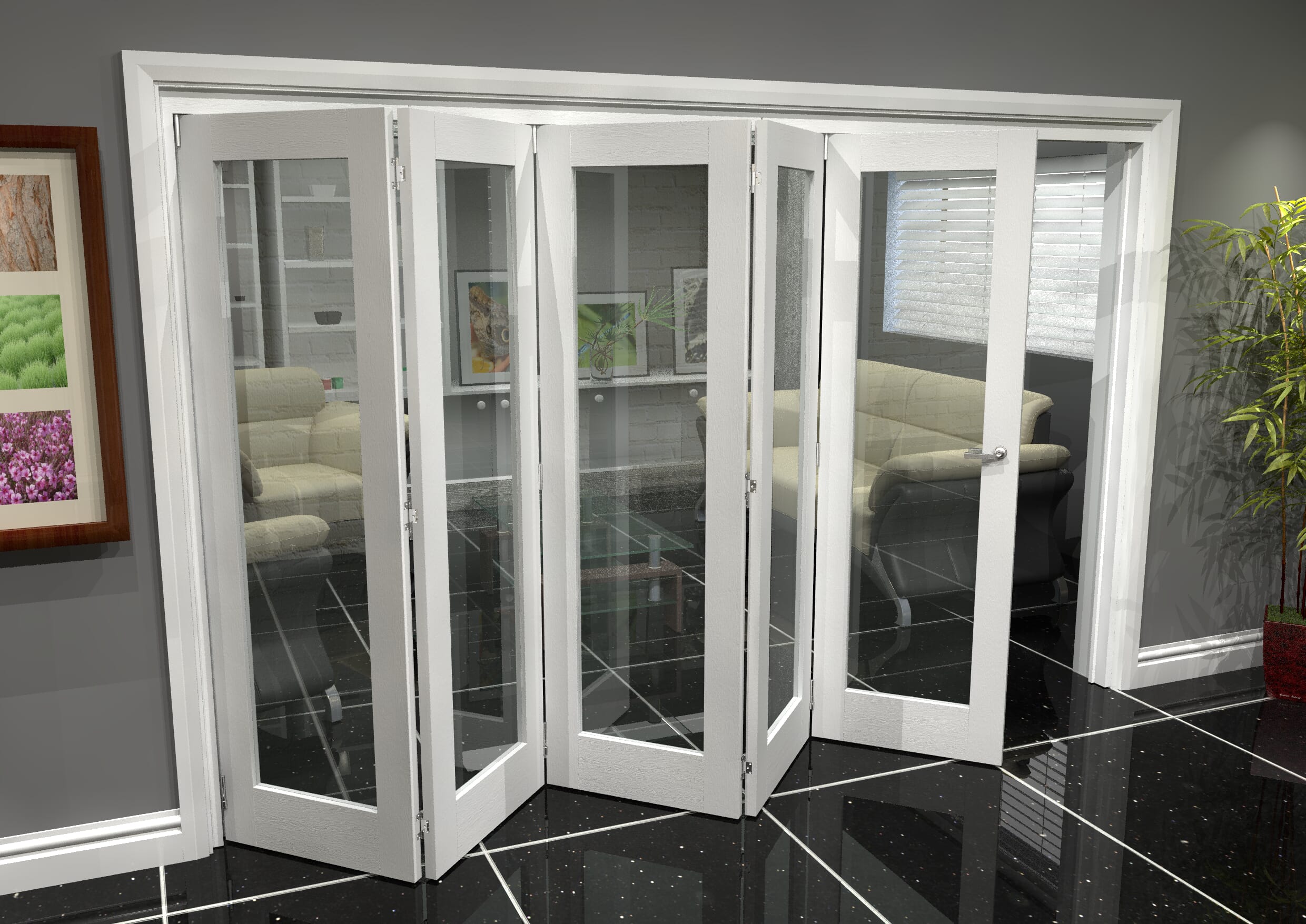 3898 x 2070 White Primed Internal Folding door system with Clear Glass