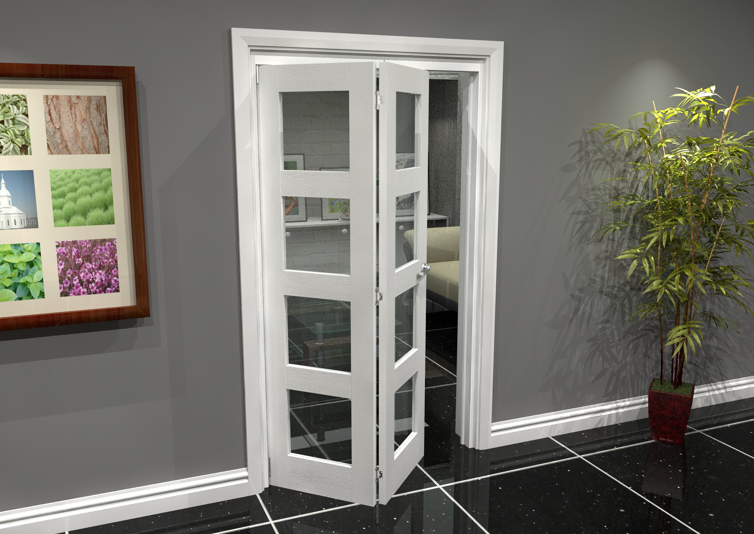 1151 x 2070 White Primed 4L Internal Folding Door system with Clear Glass