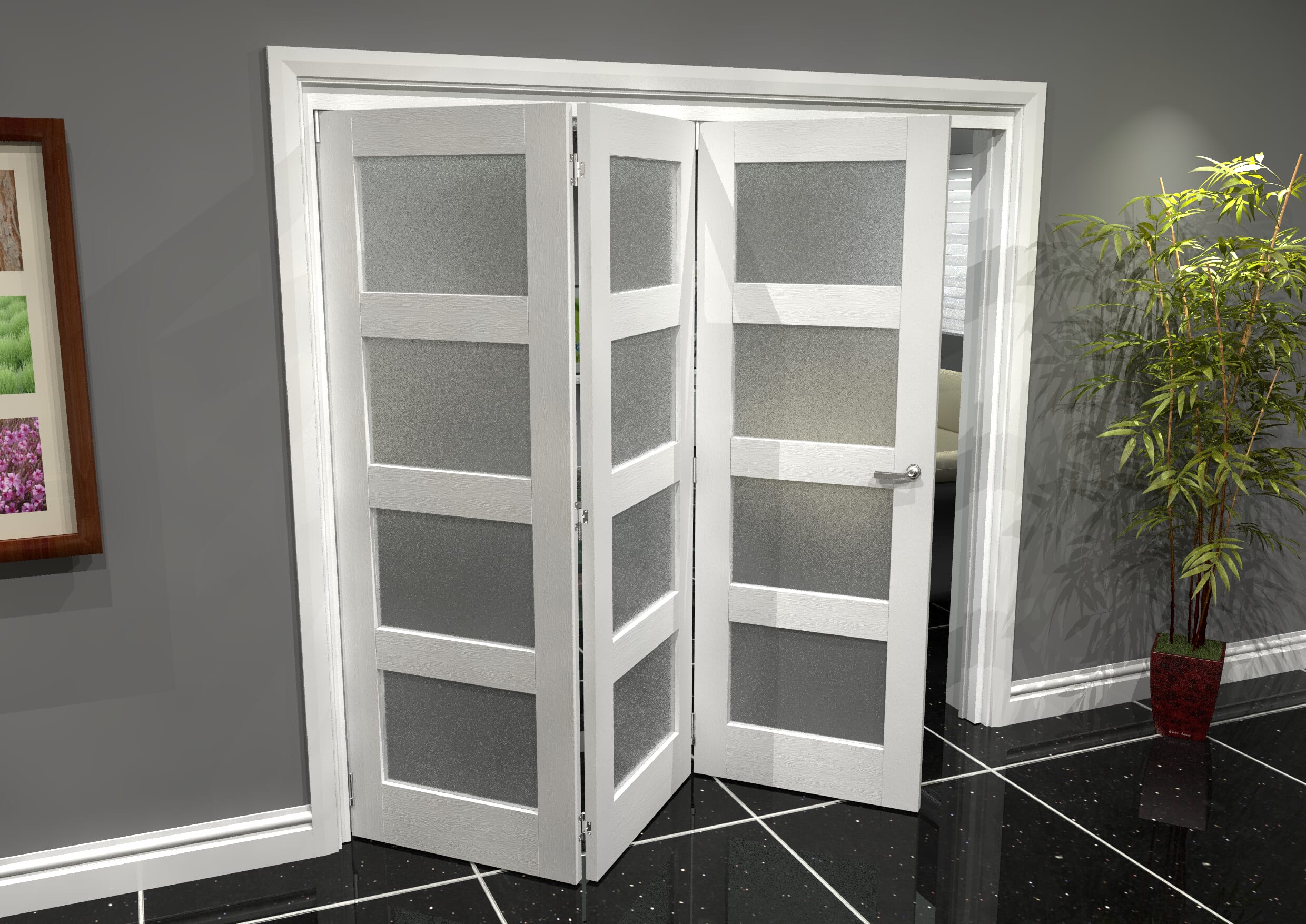 2140 X 2070 White Primed 4L Internal Folding Door System With Frosted Glass