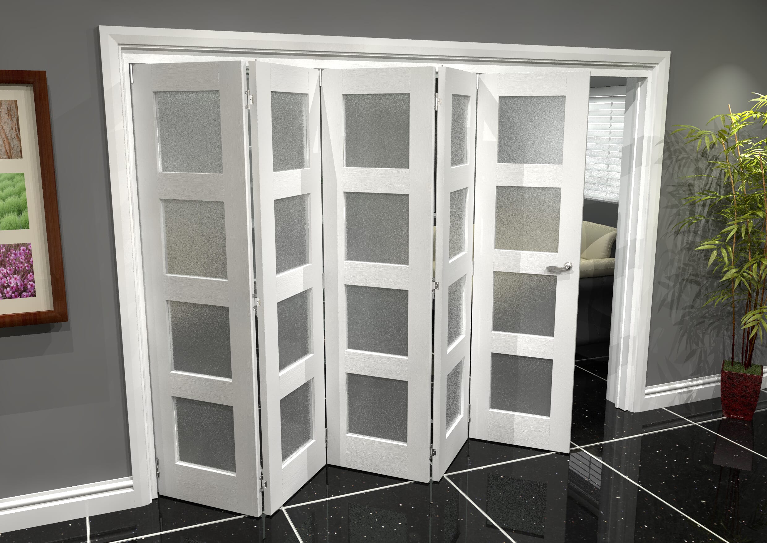 2953 X 2070 White Primed 4L Internal Folding Door System With Frosted Glass