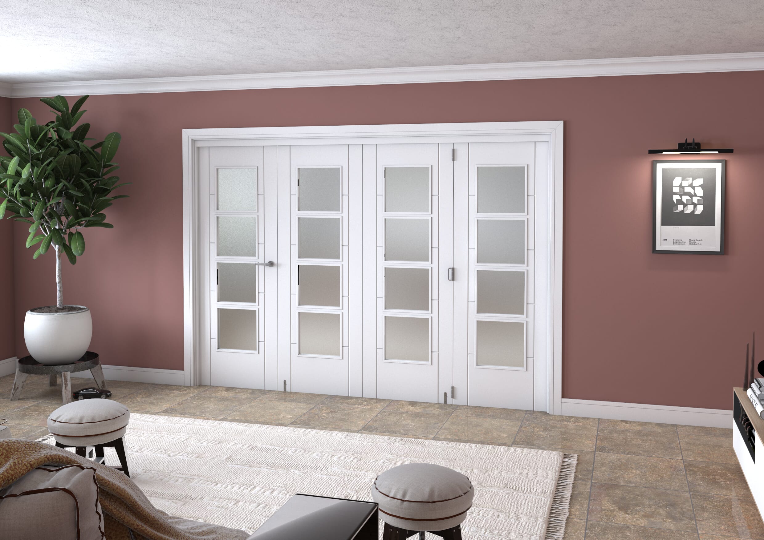 Iseo White 4 Light Frosted 4 Door Roomfold Grande (3 + 1 X 711mm Doors) Image