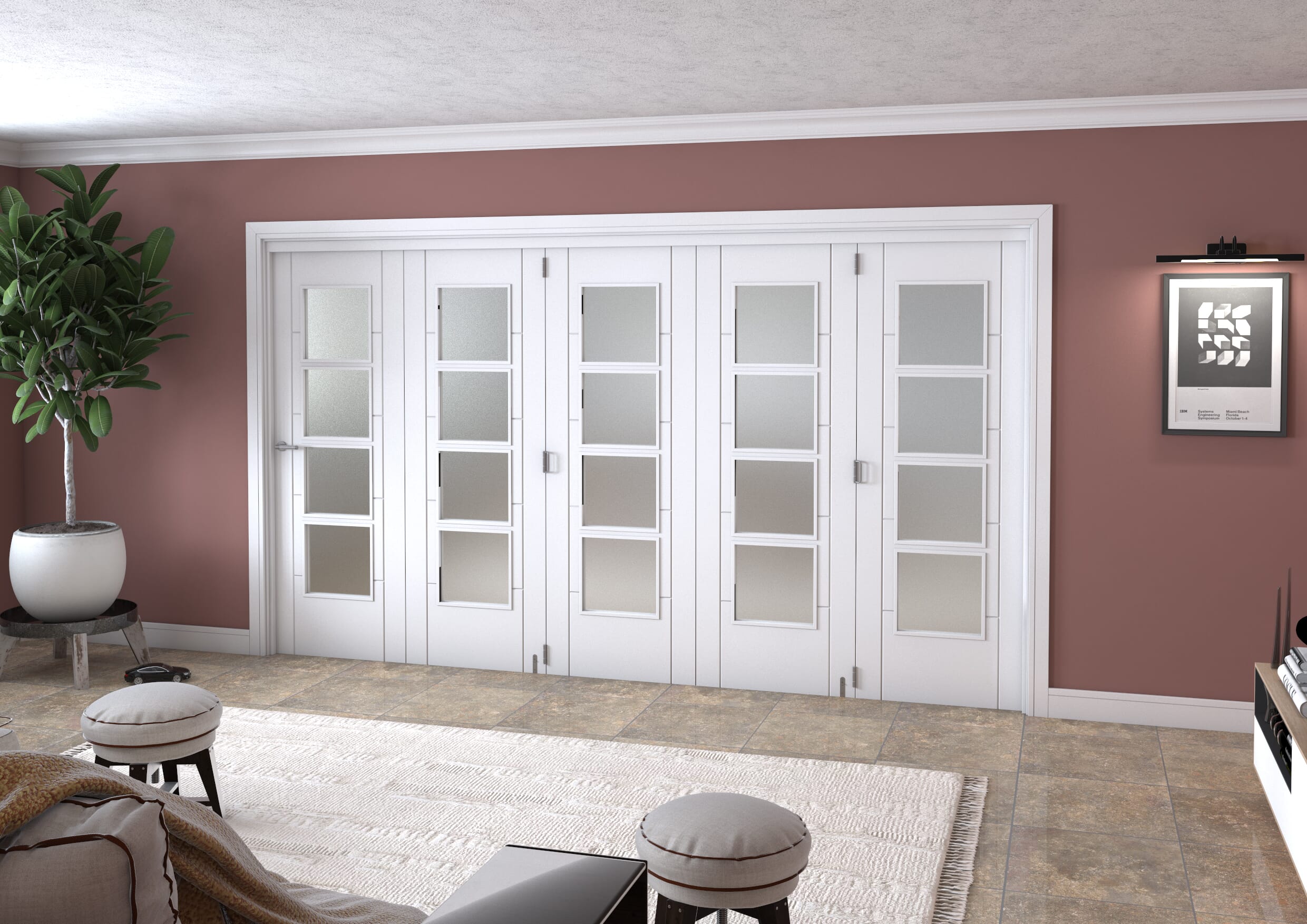 Iseo White 4 Light Frosted 5 Door Roomfold Grande (5 + 0 X 711mm Doors) Image
