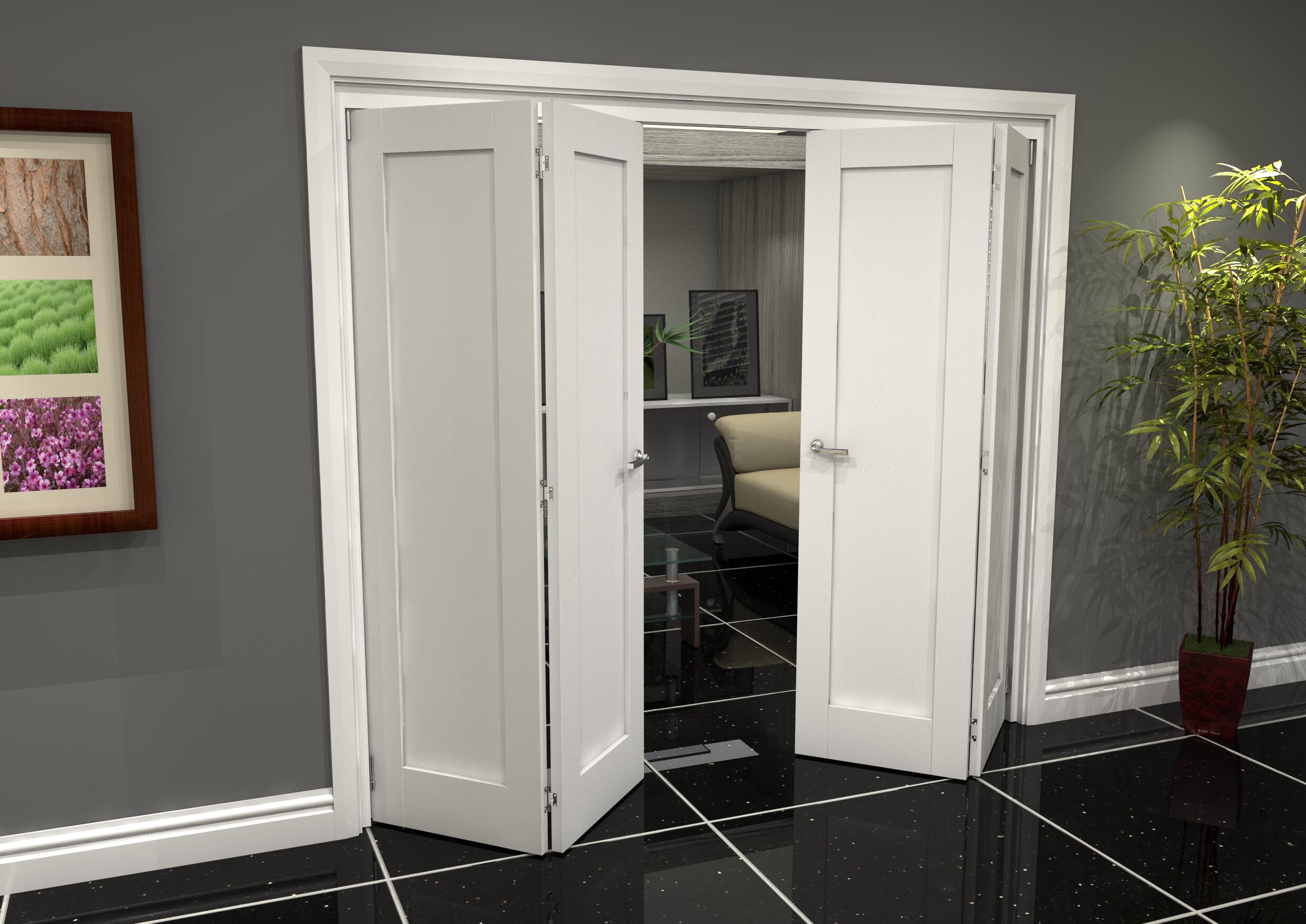 White Shaker 1 Panel 4 Door Roomfold Grande (2 + 2 x 610mm Doors)