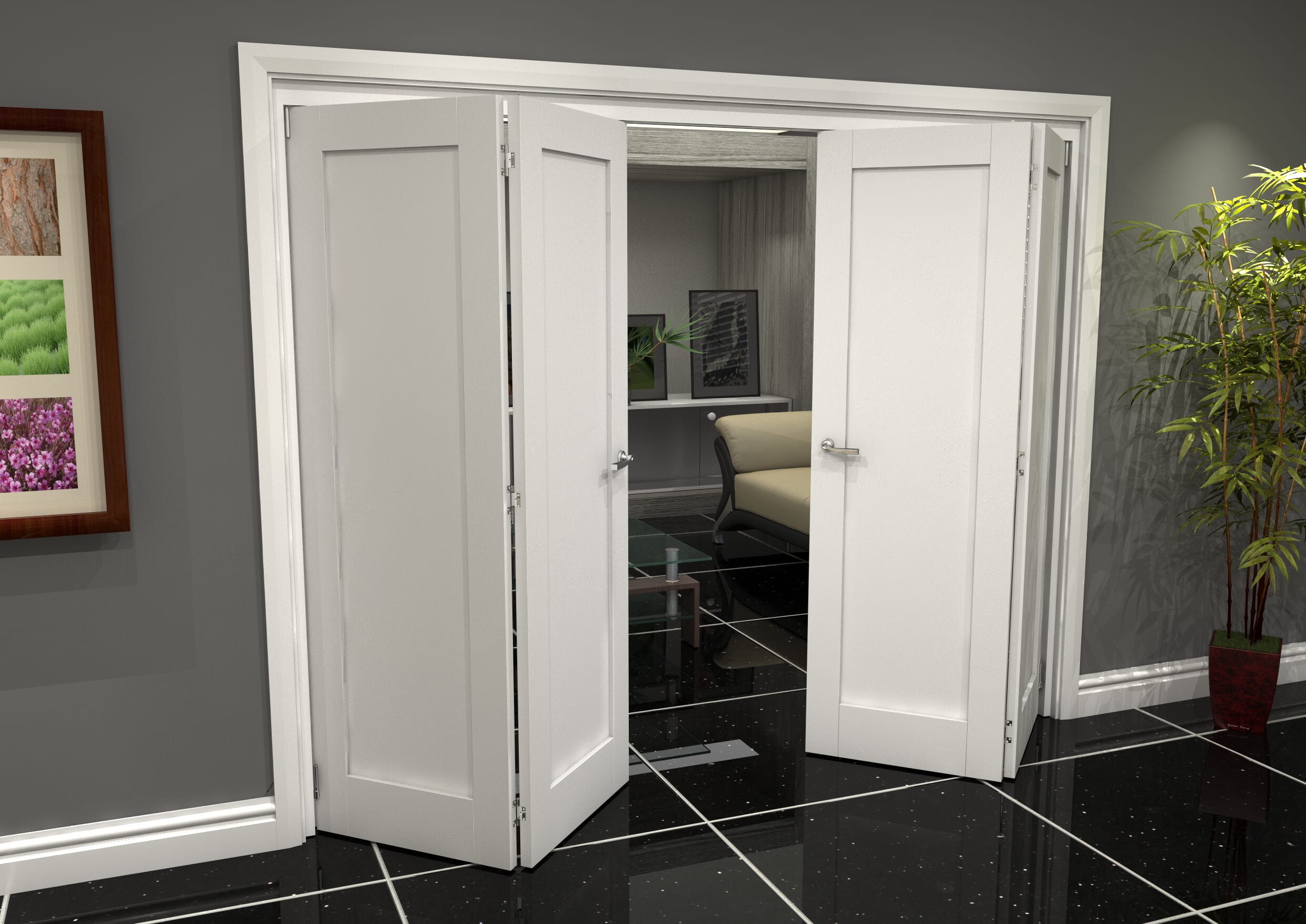 White Shaker 1 Panel 4 Door Roomfold Grande (2 + 2 x 686mm Doors)