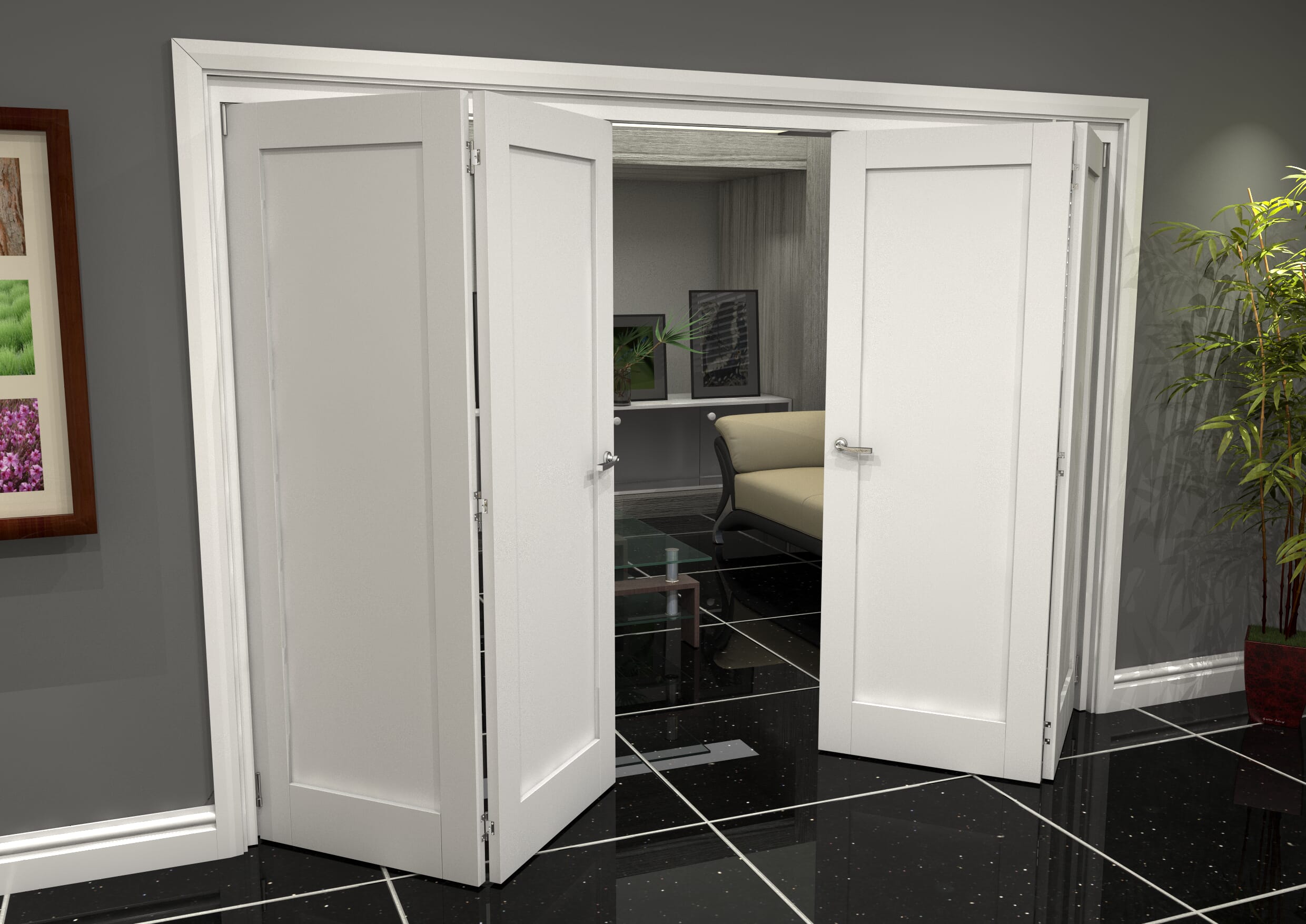 White Shaker 1 Panel 4 Door Roomfold Grande (2 + 2 x 762mm Doors)