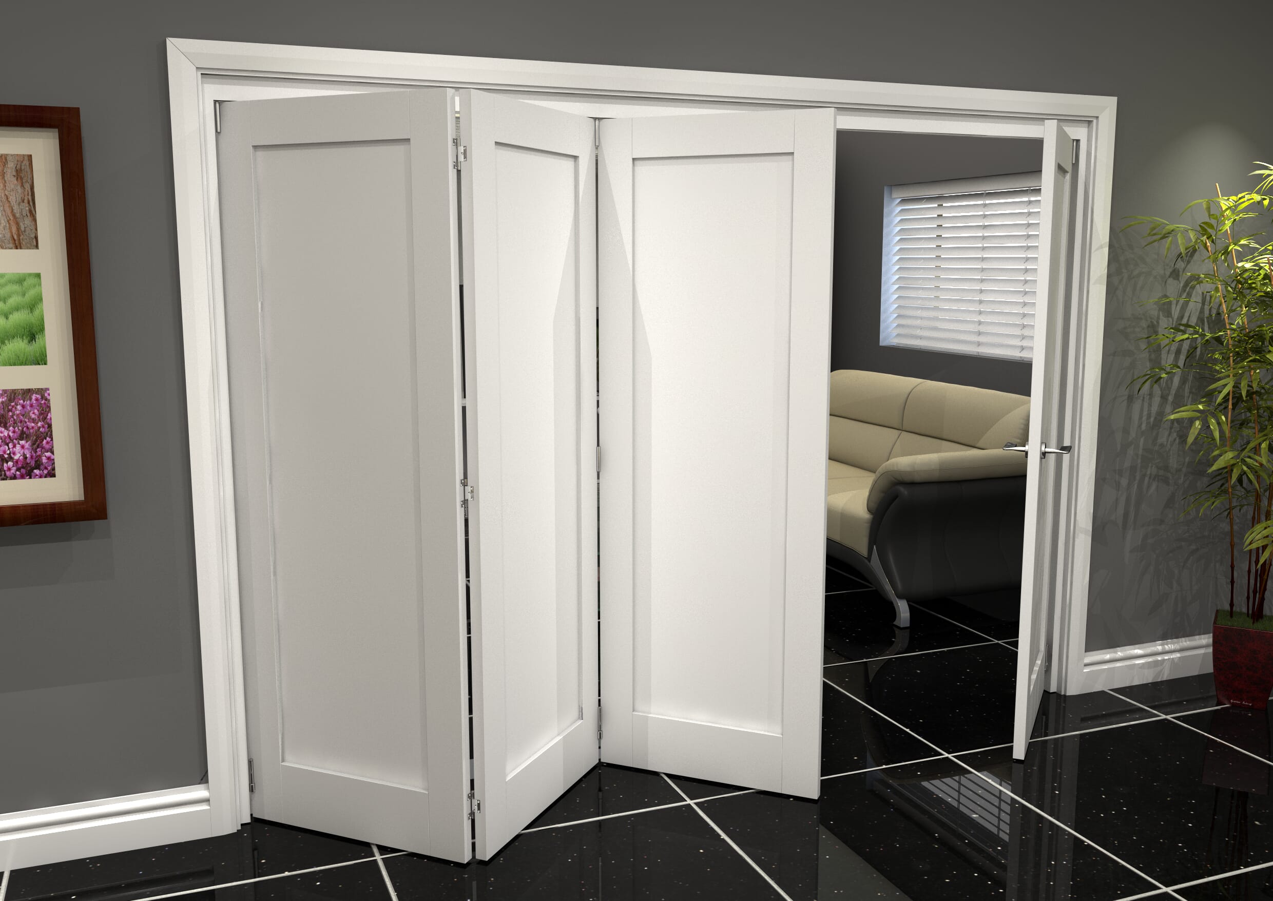 White Shaker 1 Panel 4 Door Roomfold Grande (3 + 1 x 762mm Doors)