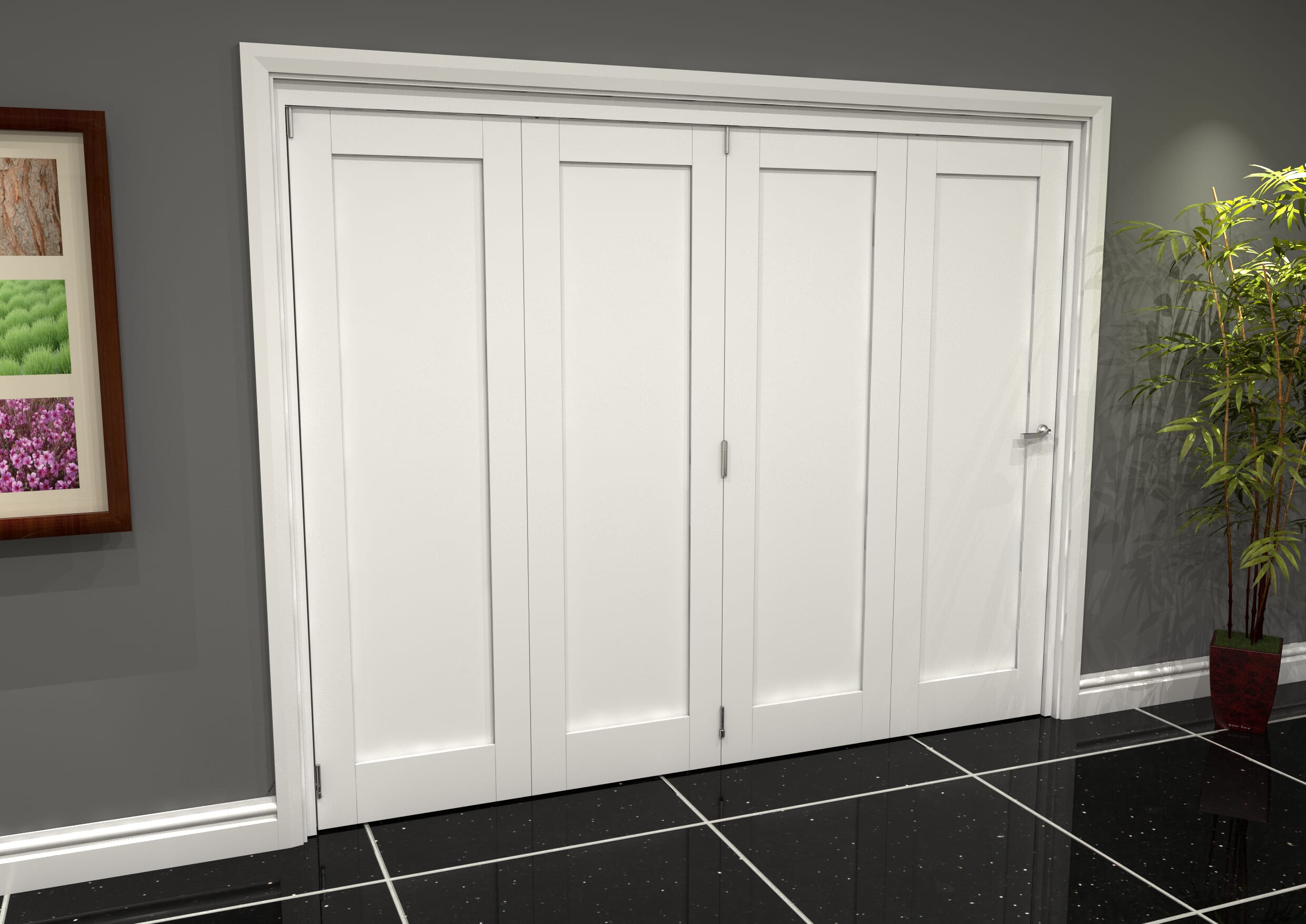 White Shaker 1 Panel 4 Door Roomfold Grande 4 0 X 686mm Doors Bifold Doors At Climadoor