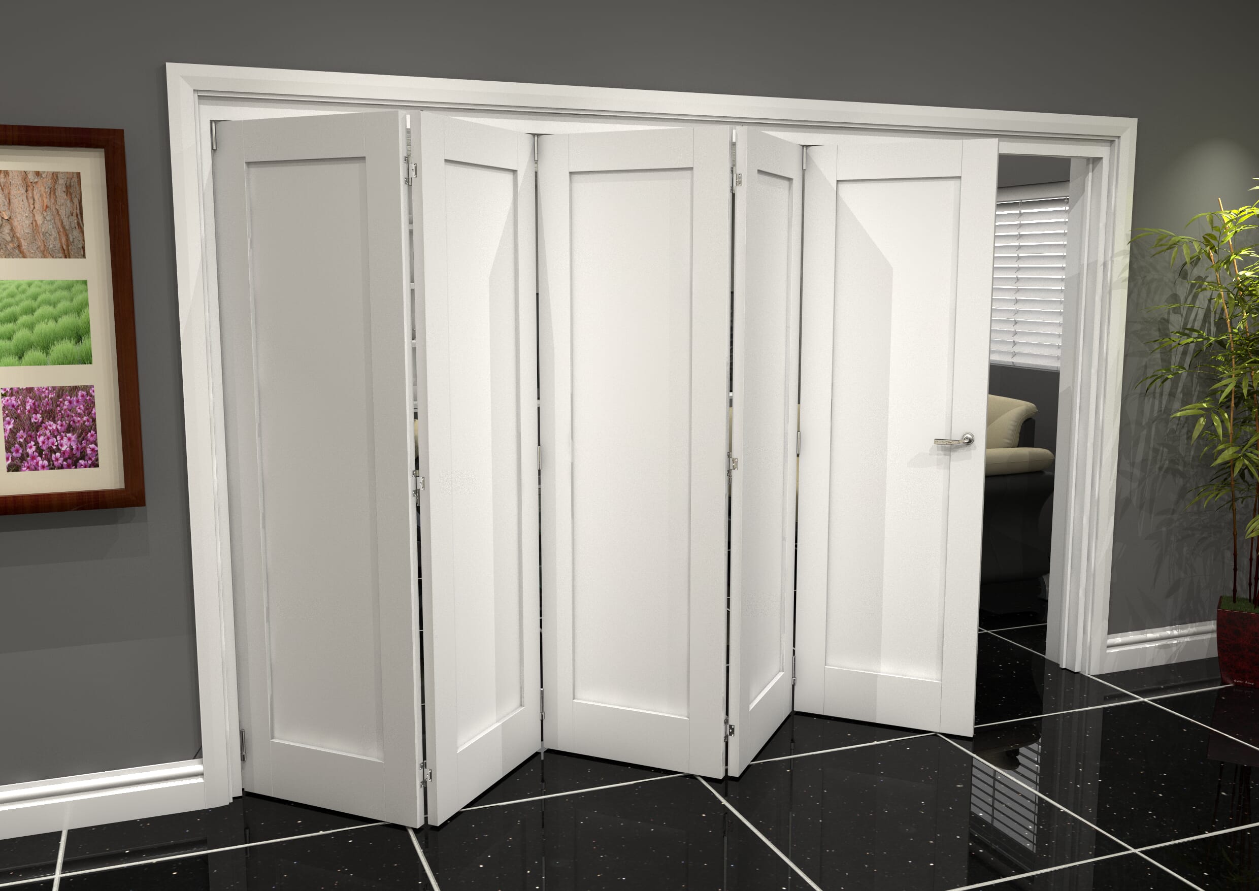 White Shaker 1 Panel 5 Door Roomfold Grande (5 + 0 x 686mm Doors)