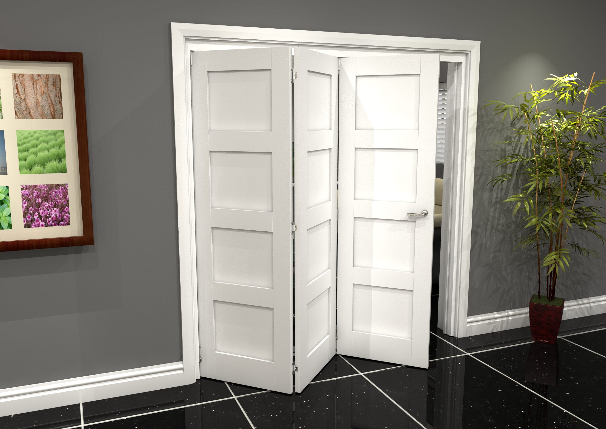 White Shaker 4 Panel 3 Door Roomfold Grande (3 + 0 x 610mm Doors)