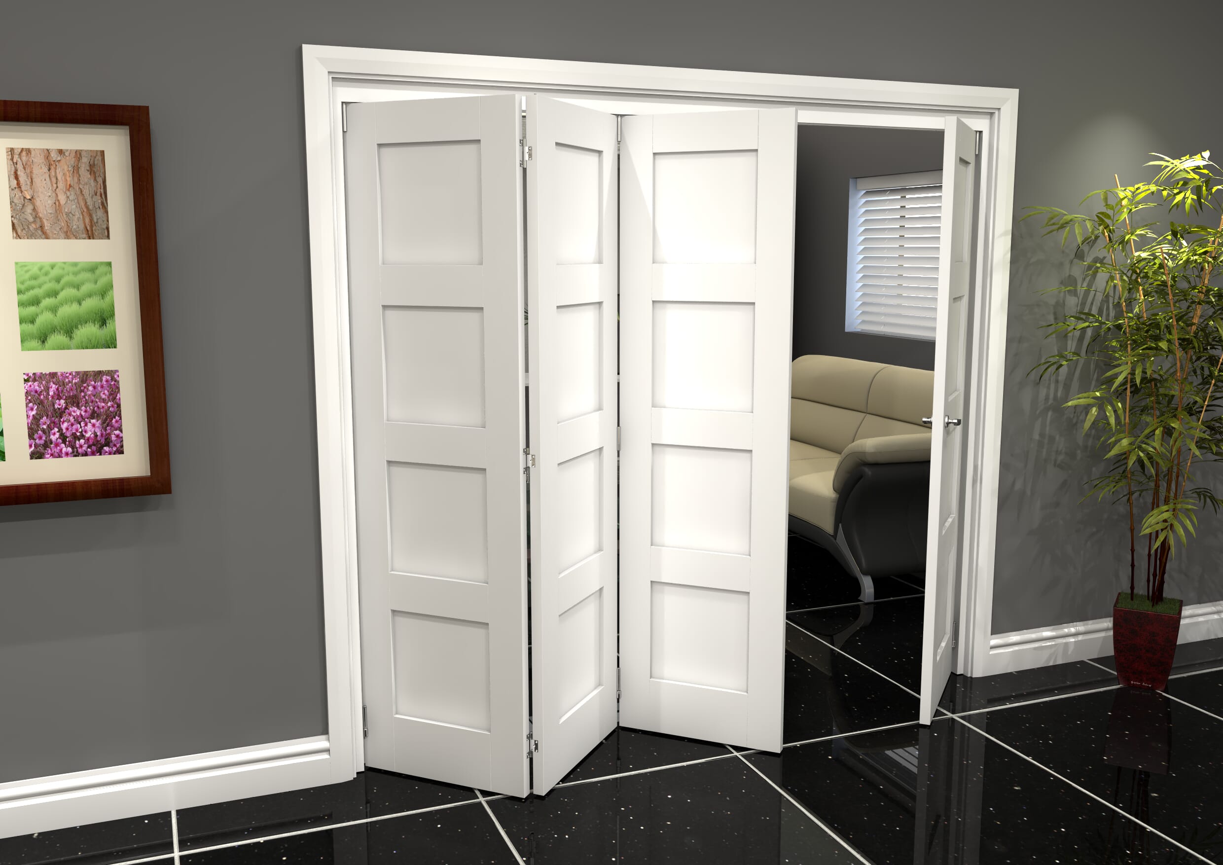White Shaker 4 Panel 4 Door Roomfold Grande (3 + 1 x 610mm Doors)