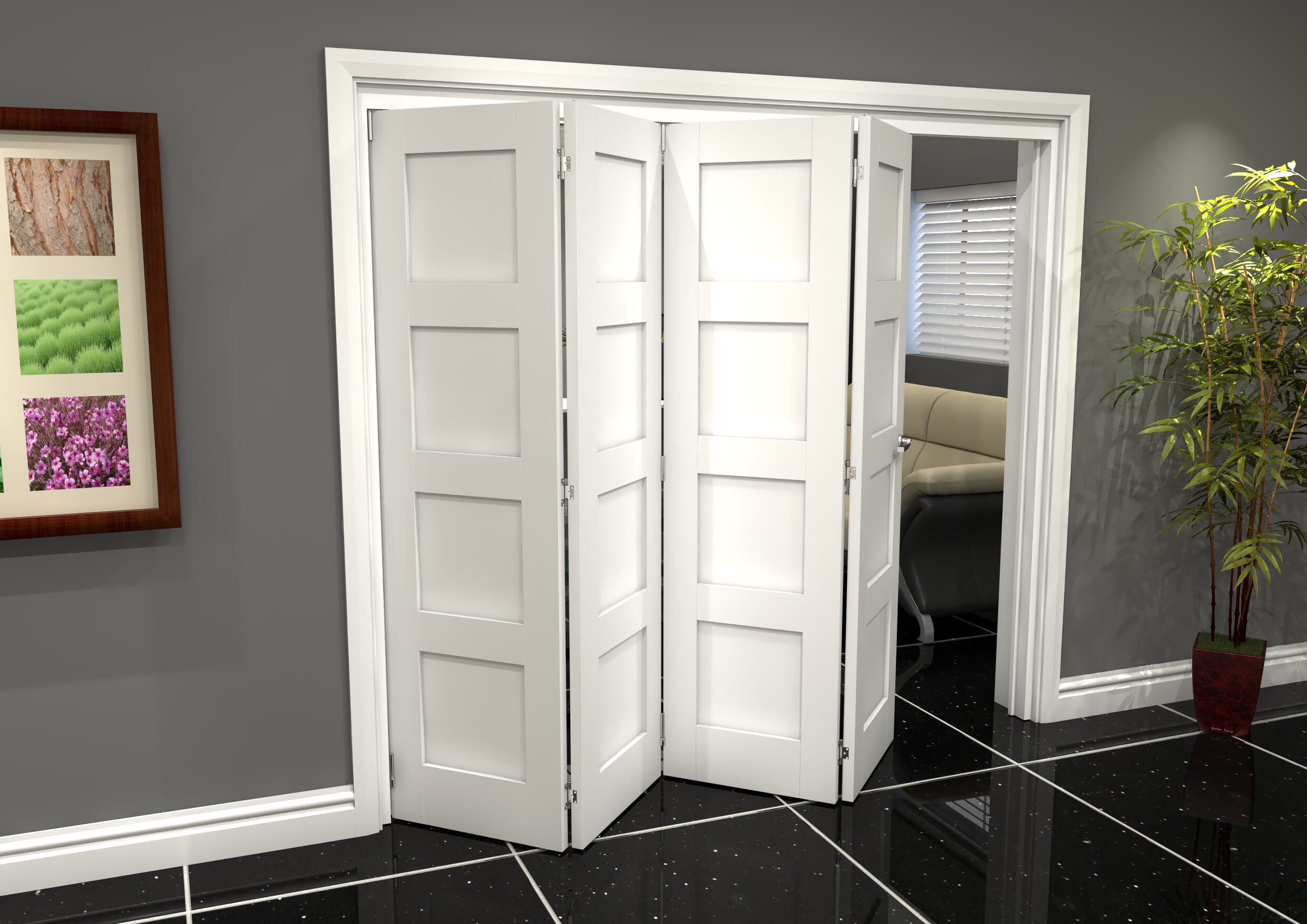 White Shaker 4 Panel 4 Door Roomfold Grande (4 + 0 x 610mm Doors)