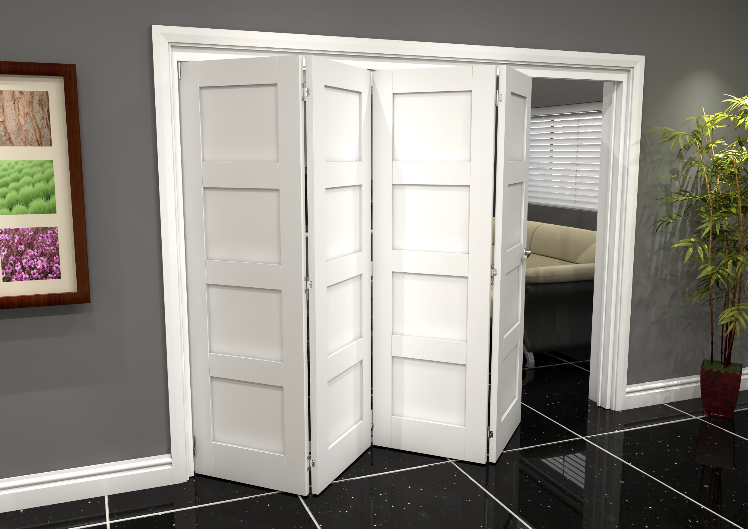 White Shaker 4 Panel 4 Door Roomfold Grande (4 + 0 x 686mm Doors)