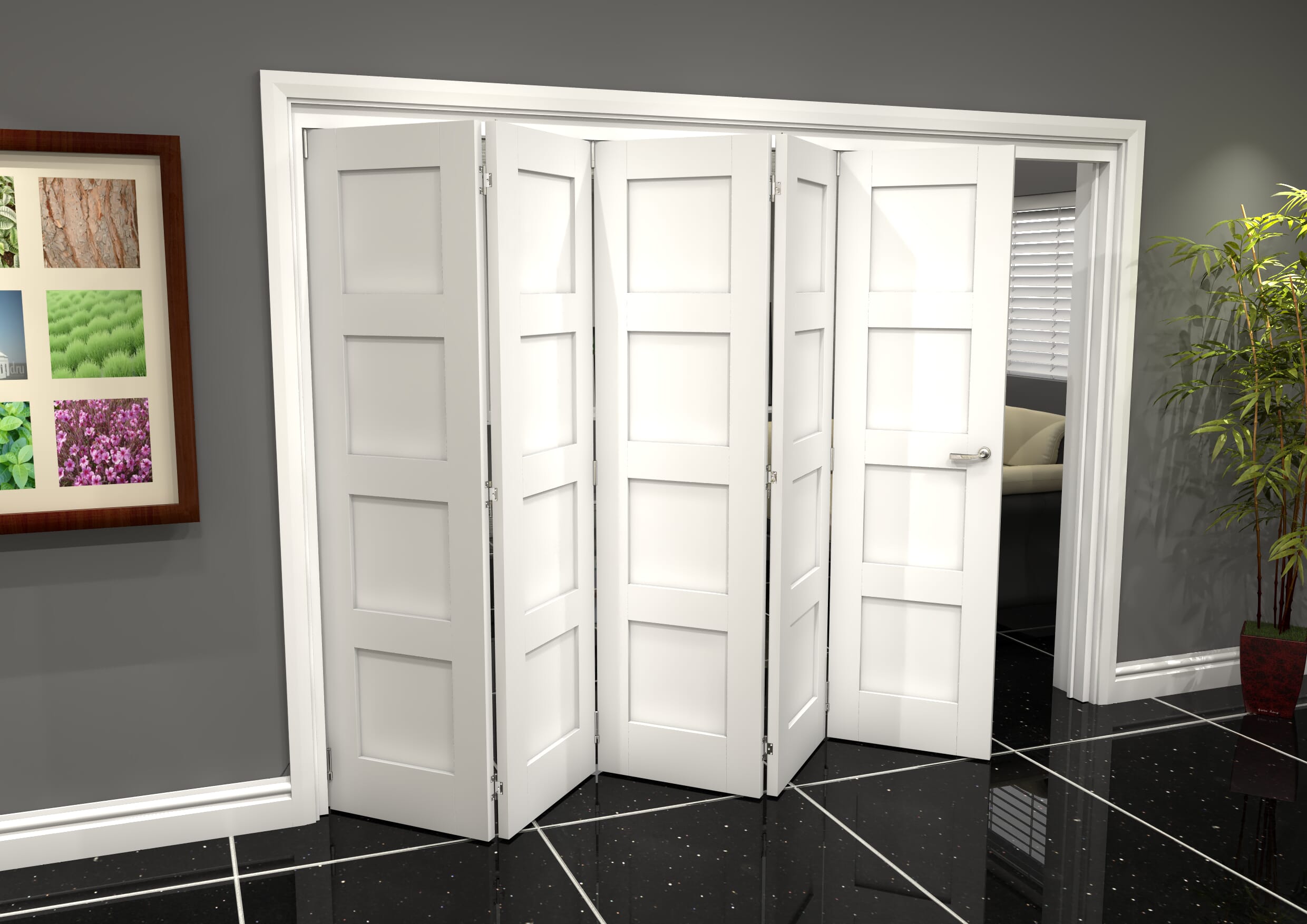 White Shaker 4 Panel 5 Door Roomfold Grande (5 + 0 x 610mm Doors)