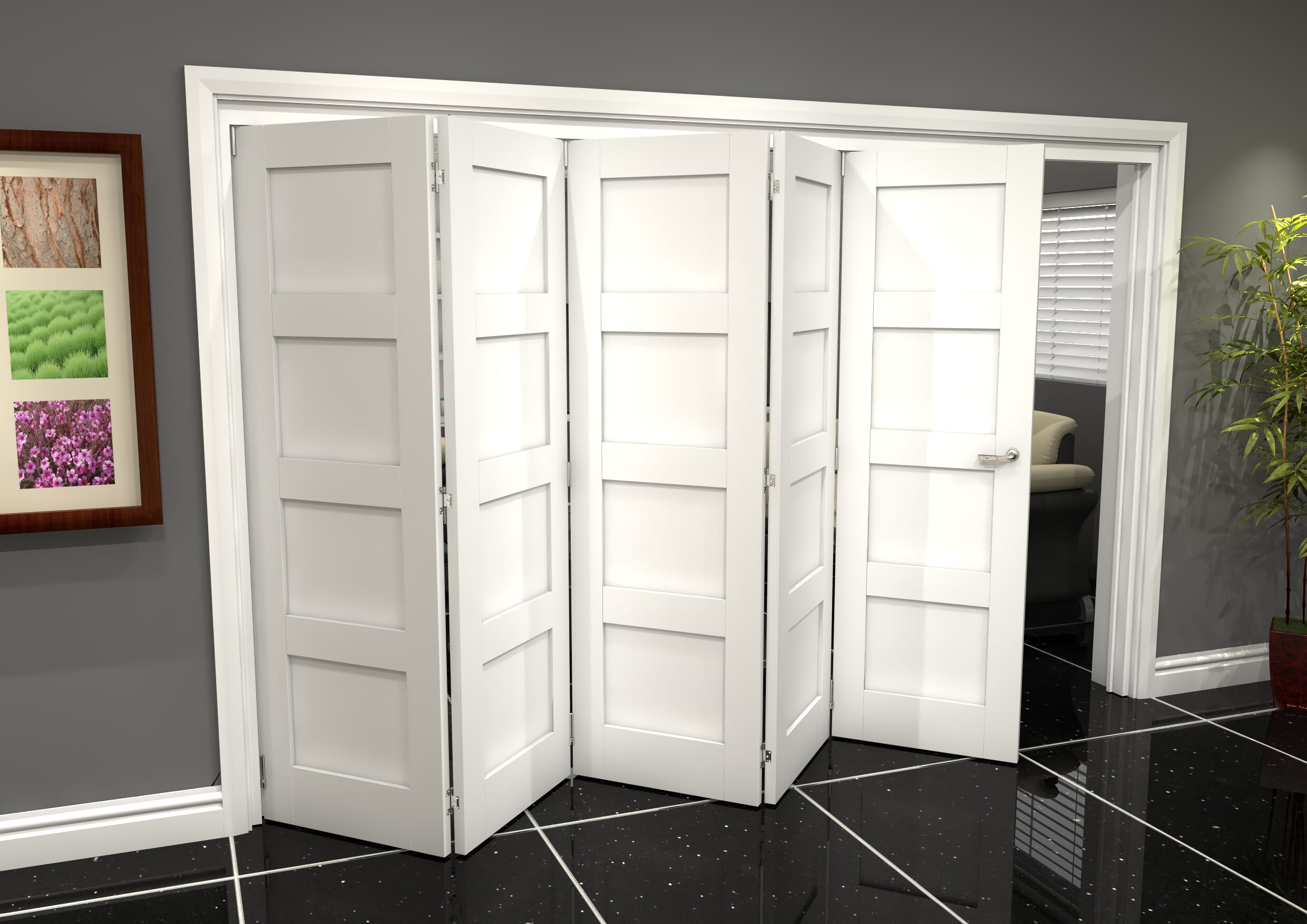 White Shaker 4 Panel 5 Door Roomfold Grande (5 + 0 x 686mm Doors)