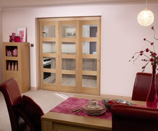 Prefinished Oak 4L Shaker Roomfold Internal Bifold Doors with Clear Glass