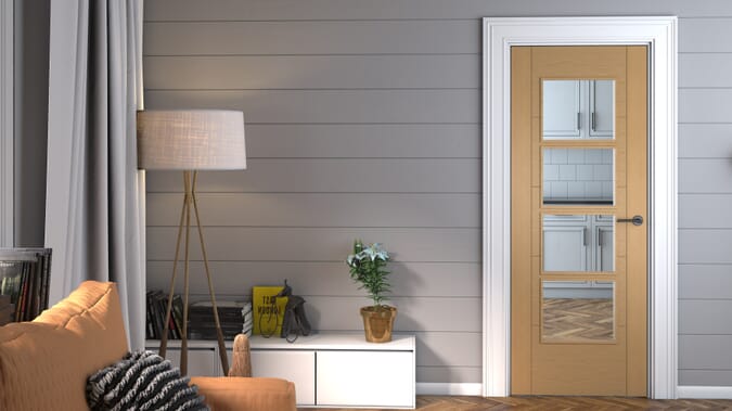 2040 x 726 x 40mm ISEO Oak 4 Light Clear Glass - Prefinished  Internal Door